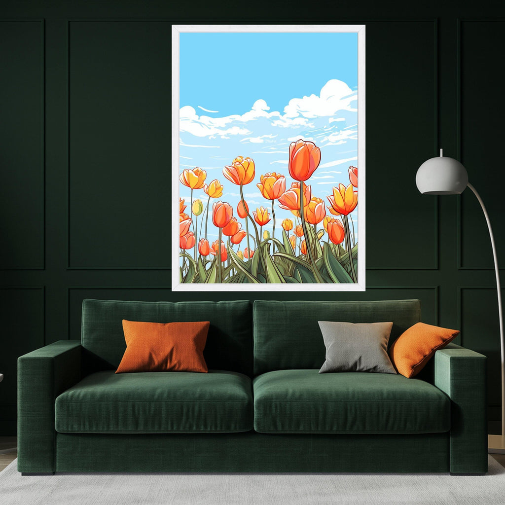 Vibrant Orange Tulips Canvas Art, Floral Field Wall Decor, Spring Flowers Illustration, Blue Sky Landscape, Botanical Canvas Ready To Hang,