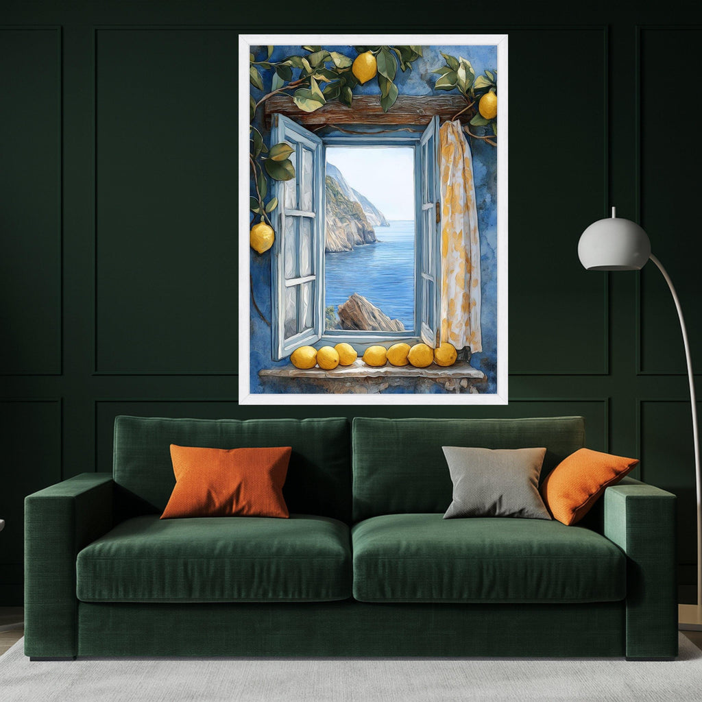 Coastal Window View Canvas, Mediterranean Sea Landscape, Lemon Branch Wall Art, Rustic Blue Frame, Summer Home Decor Canvas Ready To Hang,