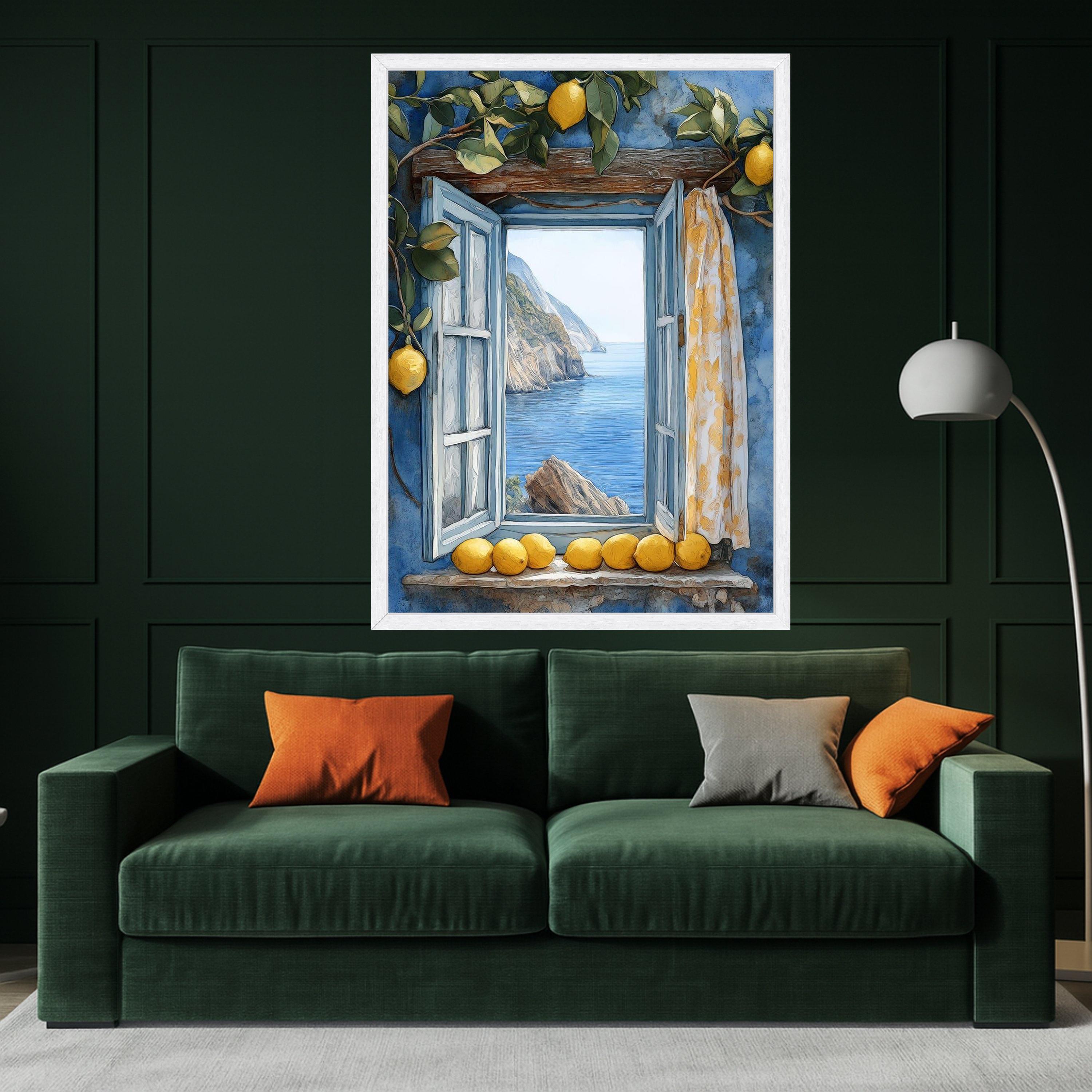 Coastal Window View Canvas, Mediterranean Sea Landscape, Lemon Branch Wall Art, Rustic Blue Frame, Summer Home Decor Canvas Ready To Hang,