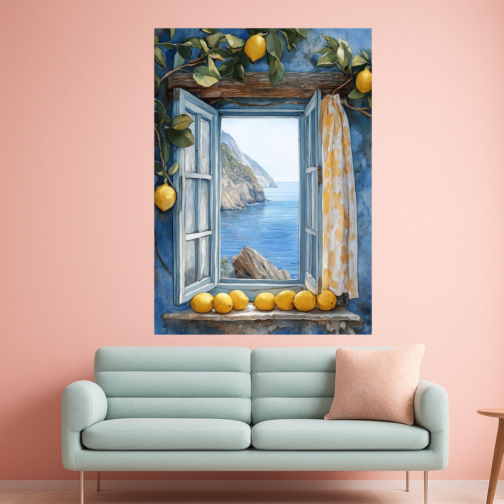 Coastal Window View Canvas, Mediterranean Sea Landscape, Lemon Branch Wall Art, Rustic Blue Frame, Summer Home Decor Canvas Ready To Hang,