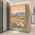 Tulip Field Canvas Print – Snowy Mountain Landscape Wall Art – Spring Floral Wall Decor – Ready to Hang Country Scene Painting