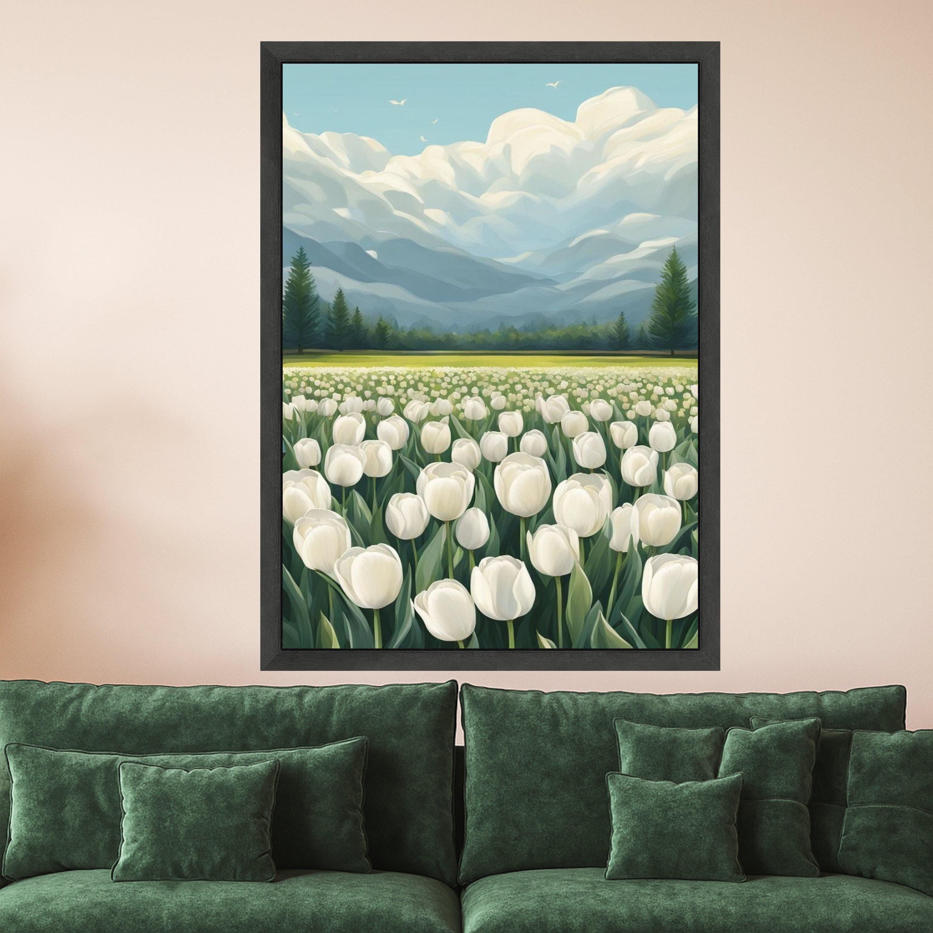 Tulip Field Canvas Print Wall Decoration – Mountain Landscape Floral Wall Art Ready to Hang Wall Decor