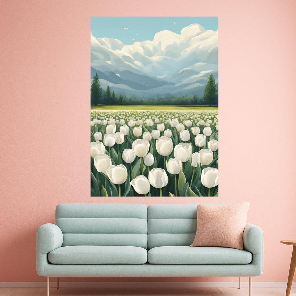 Tulip Field Canvas Print Wall Decoration – Mountain Landscape Floral Wall Art Ready to Hang Wall Decor