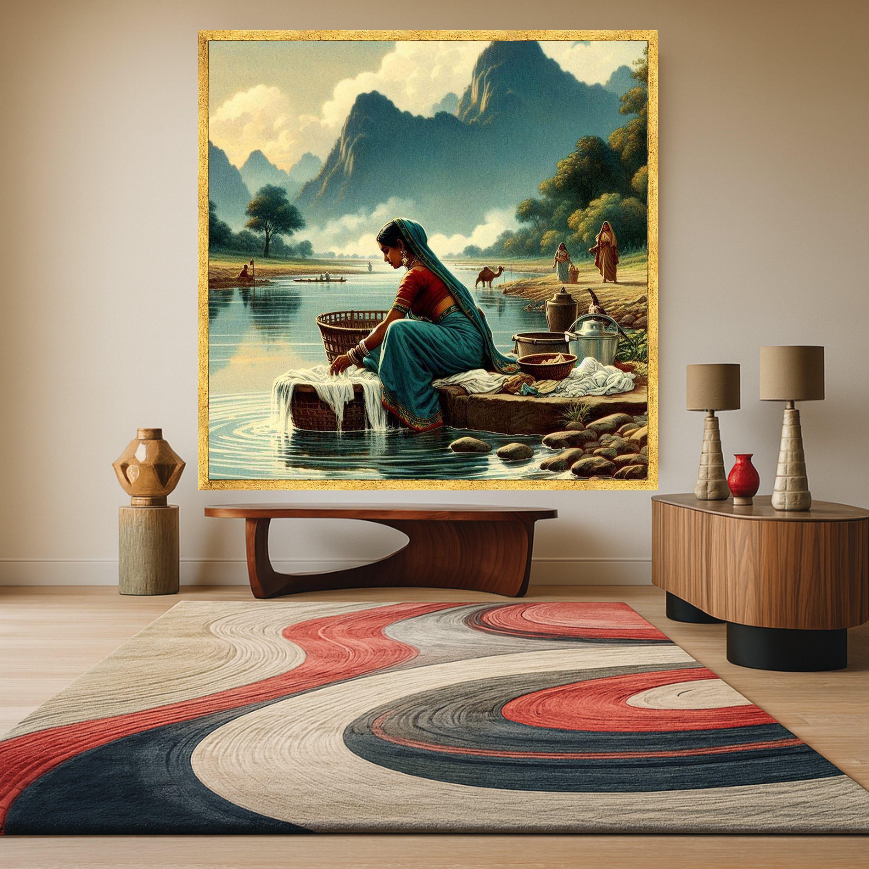 Indian Village River Canvas Print – Wall Art, Wall Decor, Ready to Hang Wall Decoration