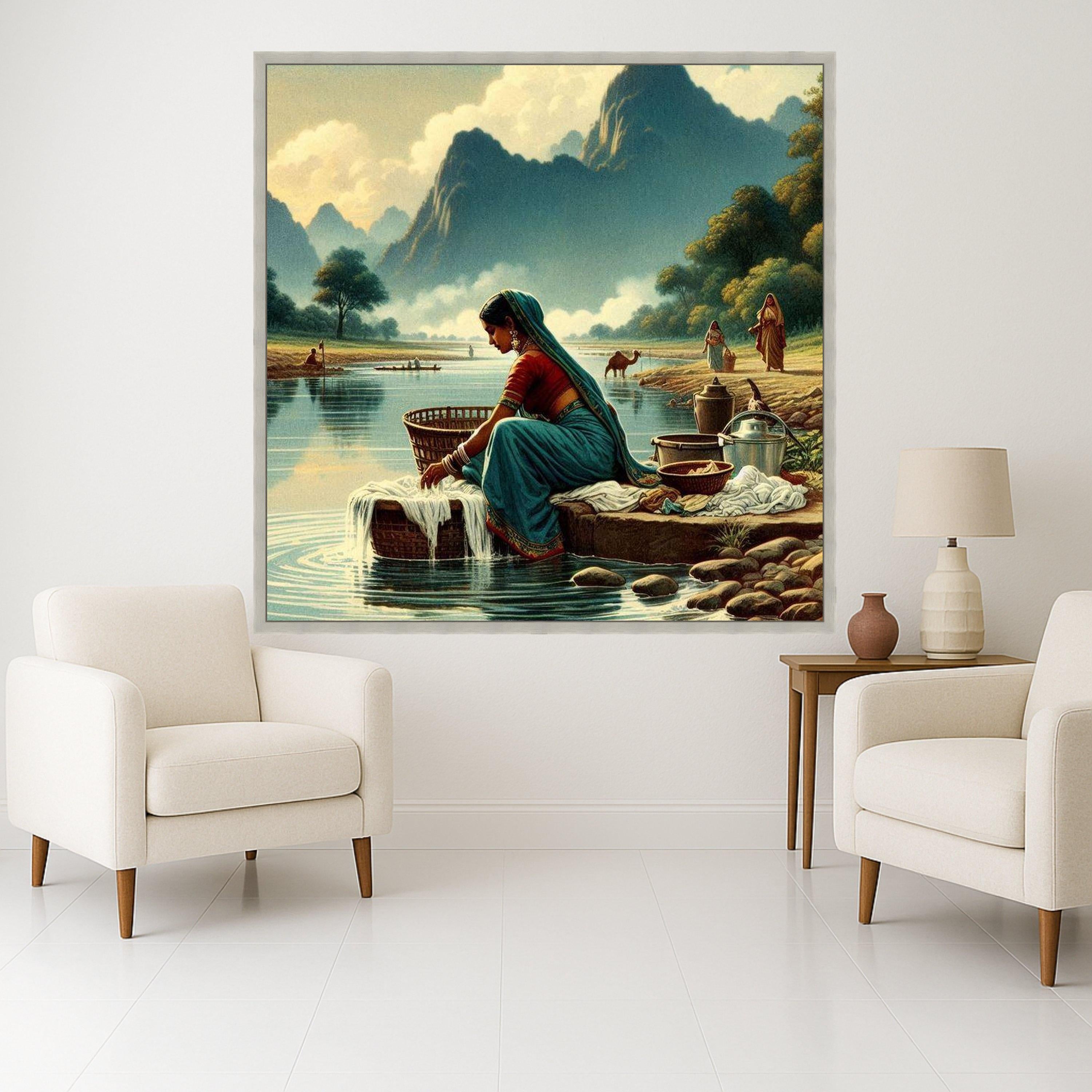 Indian Village River Canvas Print – Wall Art, Wall Decor, Ready to Hang Wall Decoration