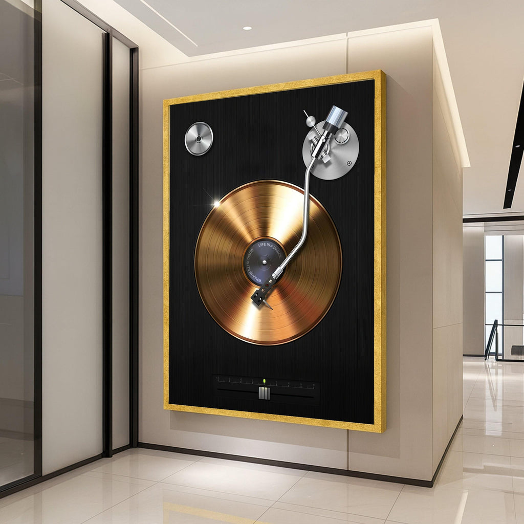 Golden Vinyl Record Player Canvas Wall Art, Retro Music Decor, DJ Turntable Illustration, Modern Home Wall Decoration, Music Ready To Hang,