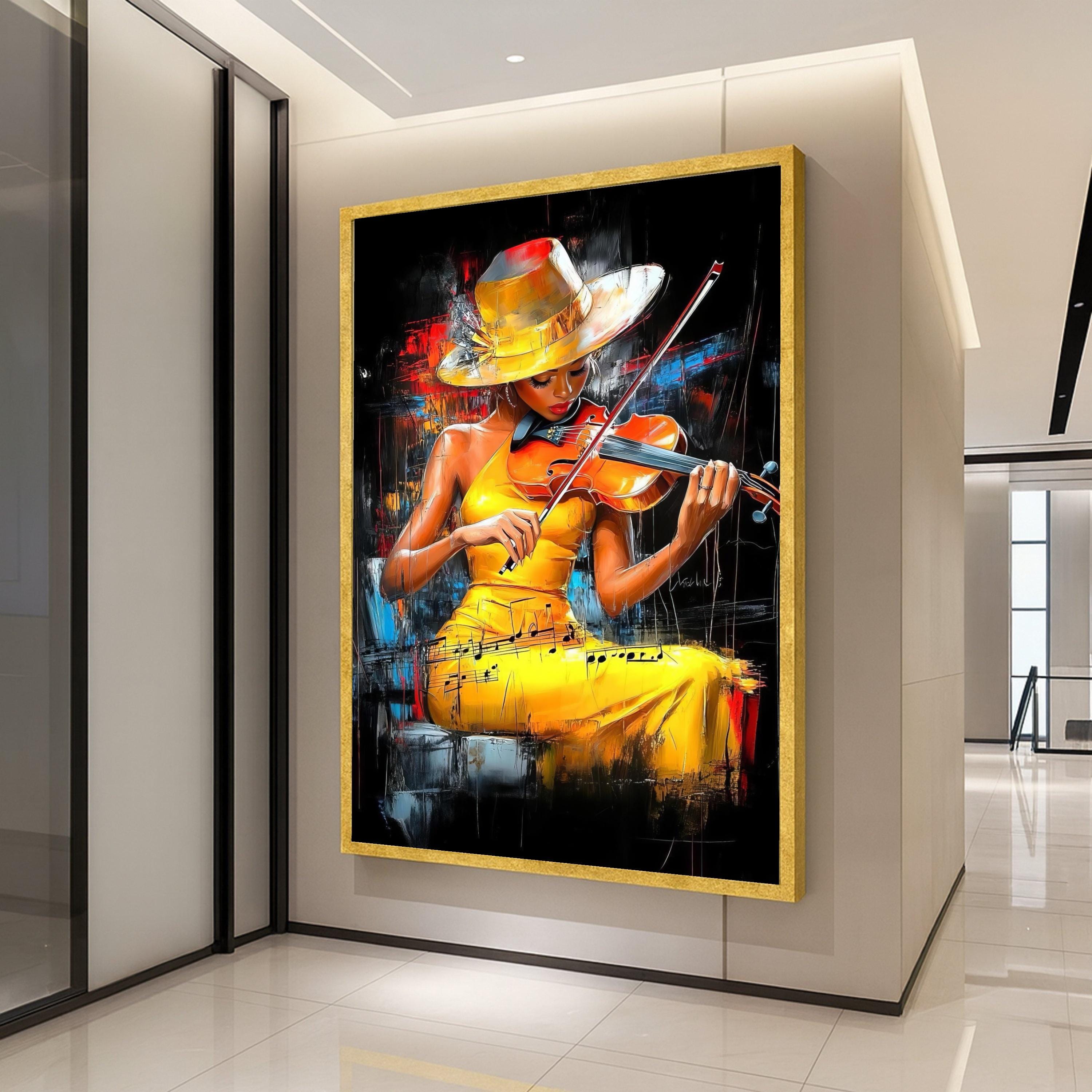 Elegant Violin Player, Yellow Dress Canvas, Musical Art Painting, Abstract Musician Wall Decor, Contemporary Canvas Wall Art Ready To Hang,