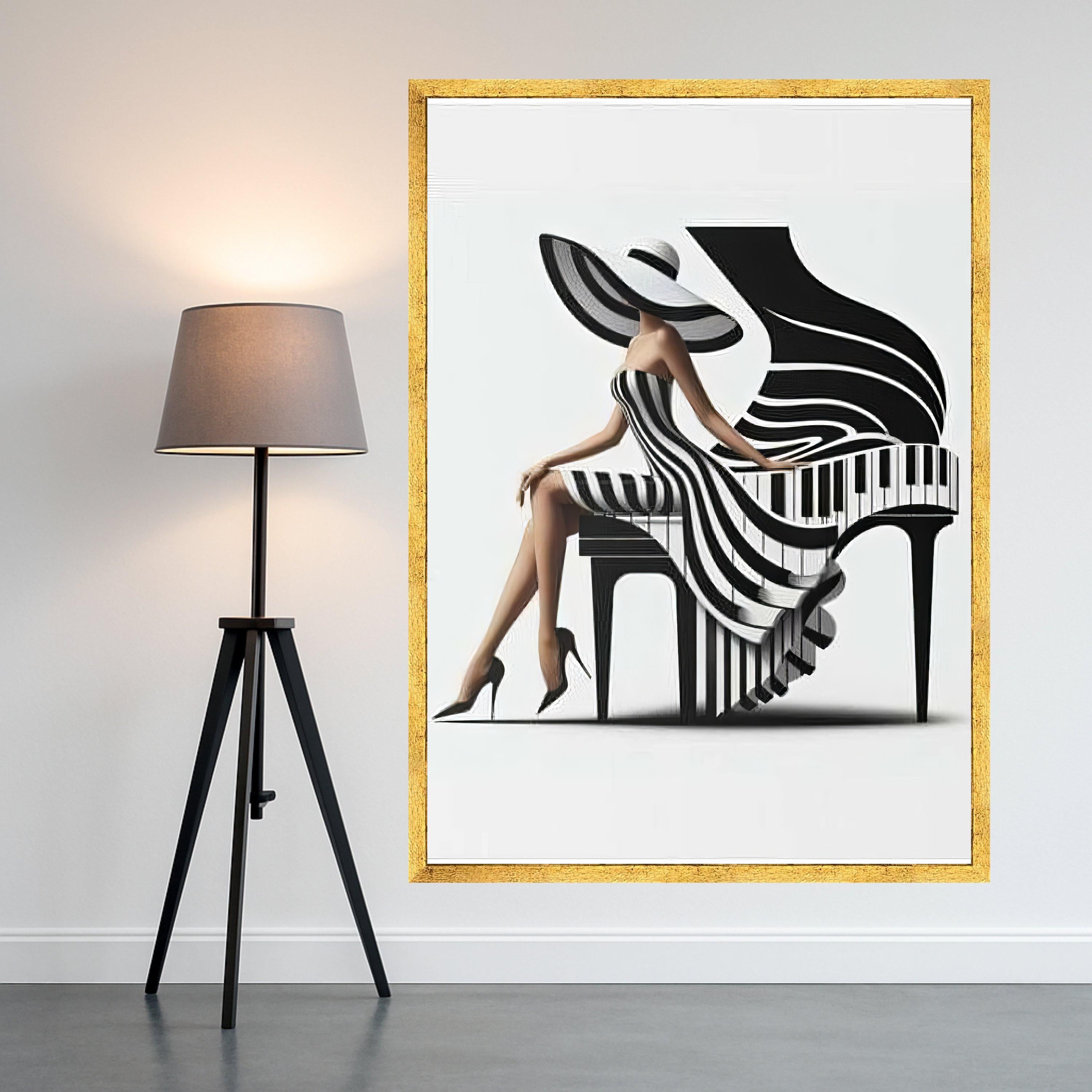 Elegant Woman in Striped Dress and Wide Hat, Piano Art Canvas, Black and White Wall Decor, Modern Fashion Canvas Wall Art, Ready To Hang,