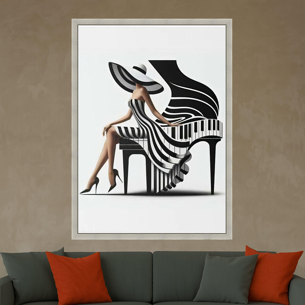 Elegant Woman in Striped Dress and Wide Hat, Piano Art Canvas, Black and White Wall Decor, Modern Fashion Canvas Wall Art, Ready To Hang,