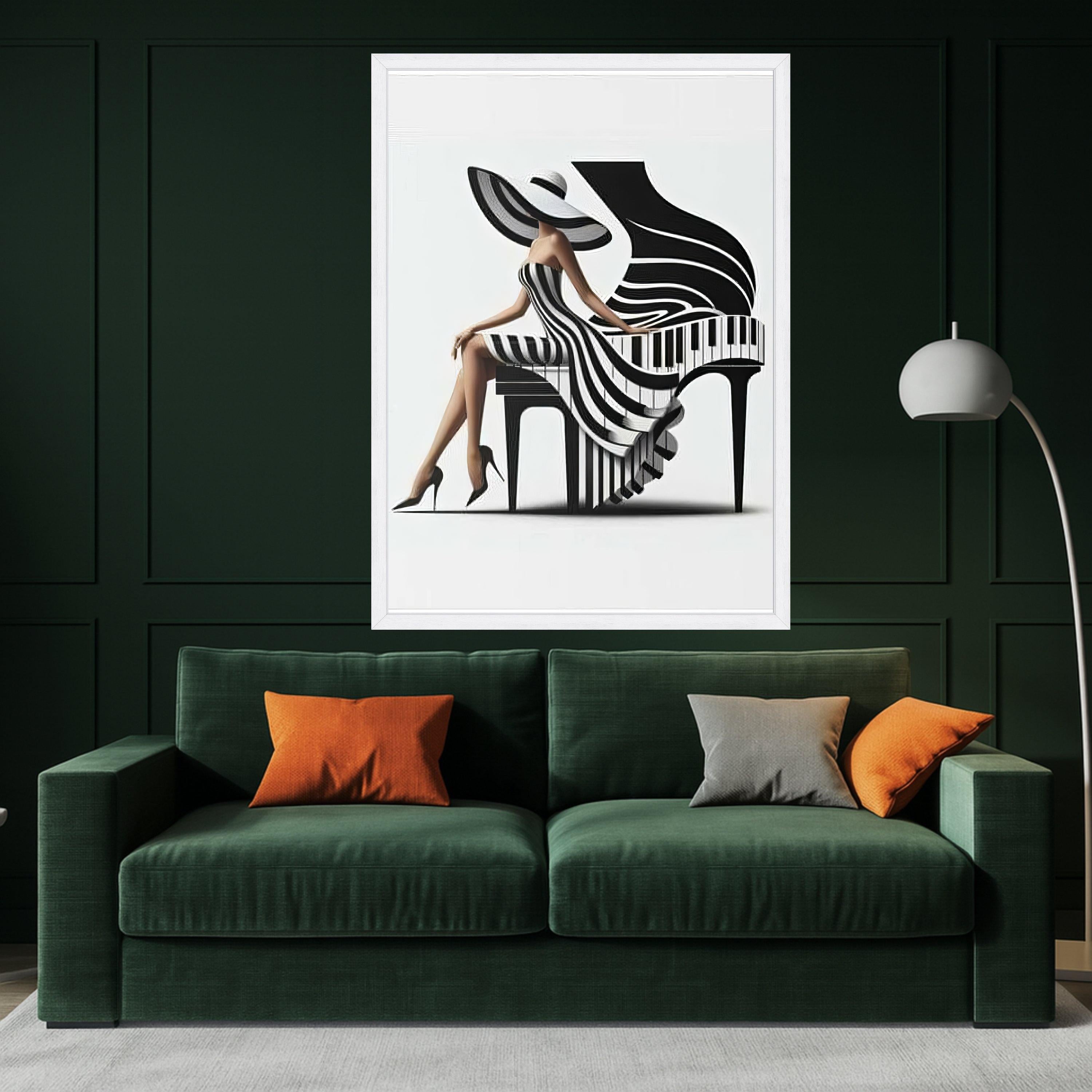 Elegant Woman in Striped Dress and Wide Hat, Piano Art Canvas, Black and White Wall Decor, Modern Fashion Canvas Wall Art, Ready To Hang,