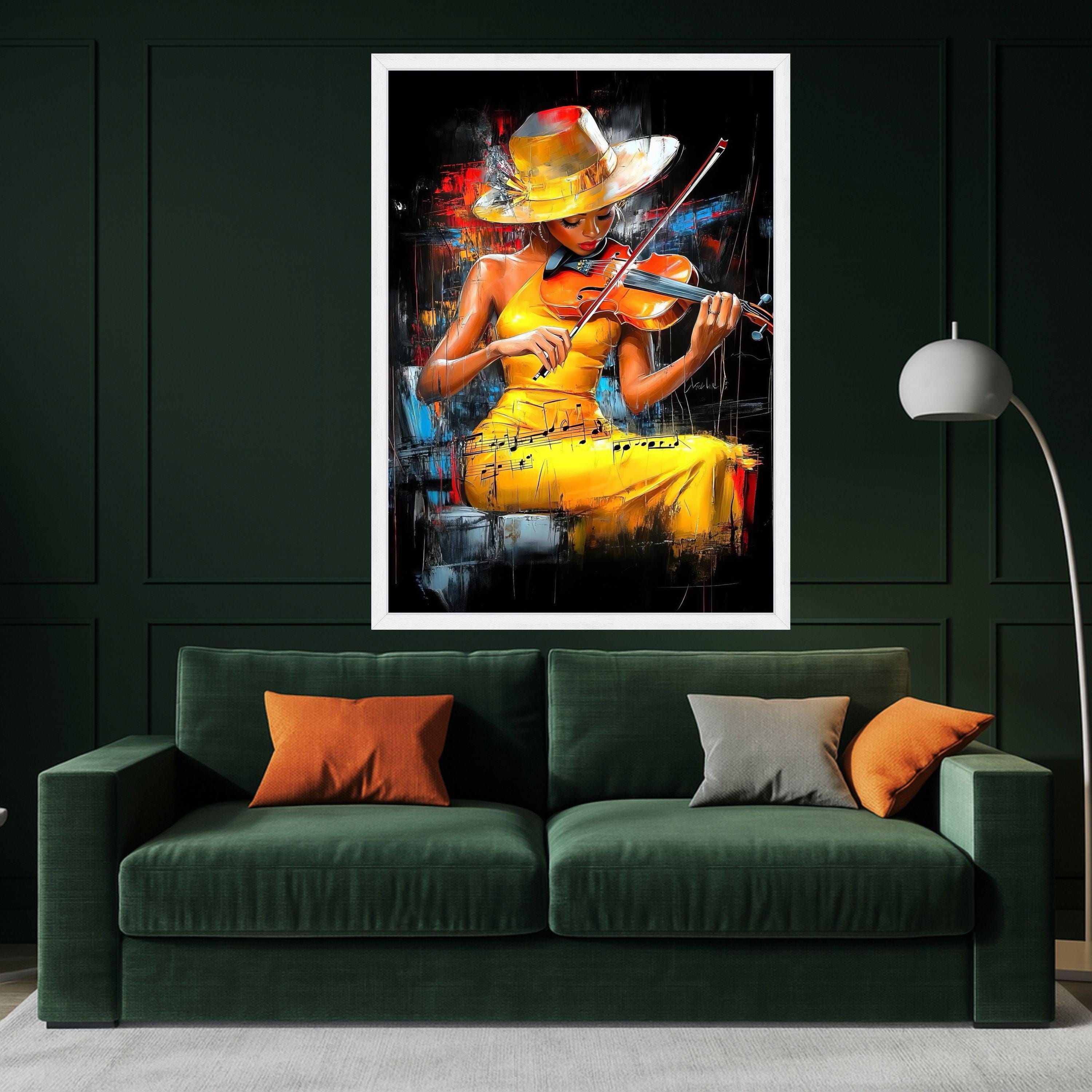 Elegant Violin Player, Yellow Dress Canvas, Musical Art Painting, Abstract Musician Wall Decor, Contemporary Canvas Wall Art Ready To Hang,