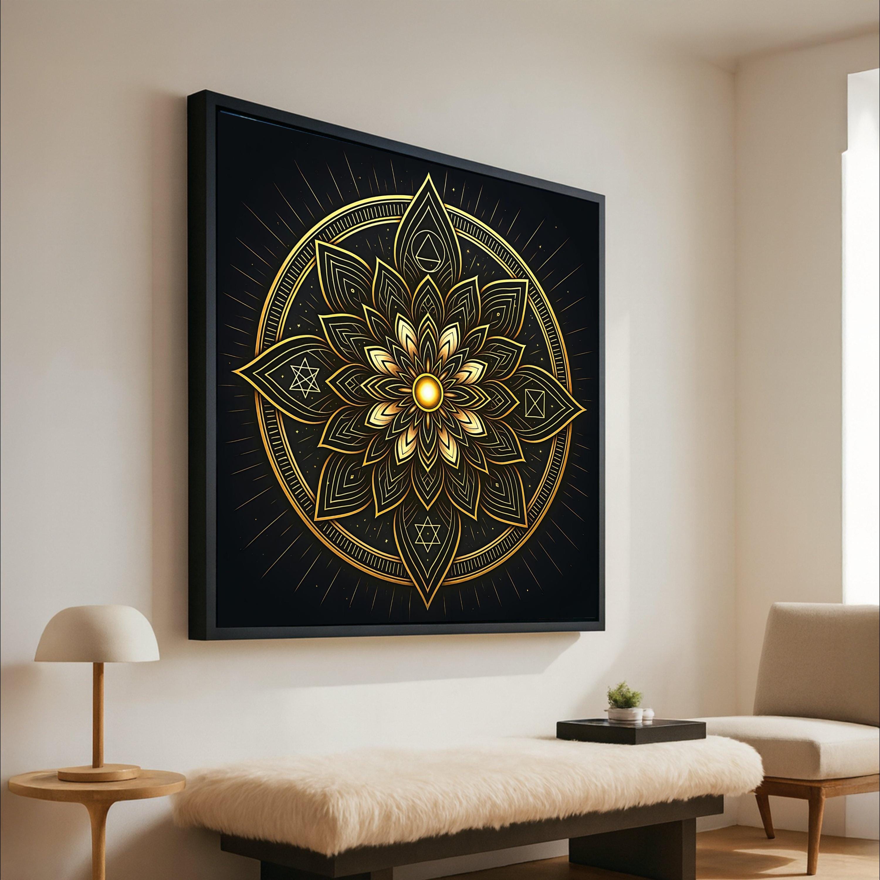 Golden Mandala Canvas Wall Art, Spiritual Sacred Geometry Design, Luxe Metallic Home Décor, Meditation Room Decoration, Ready To Hang,