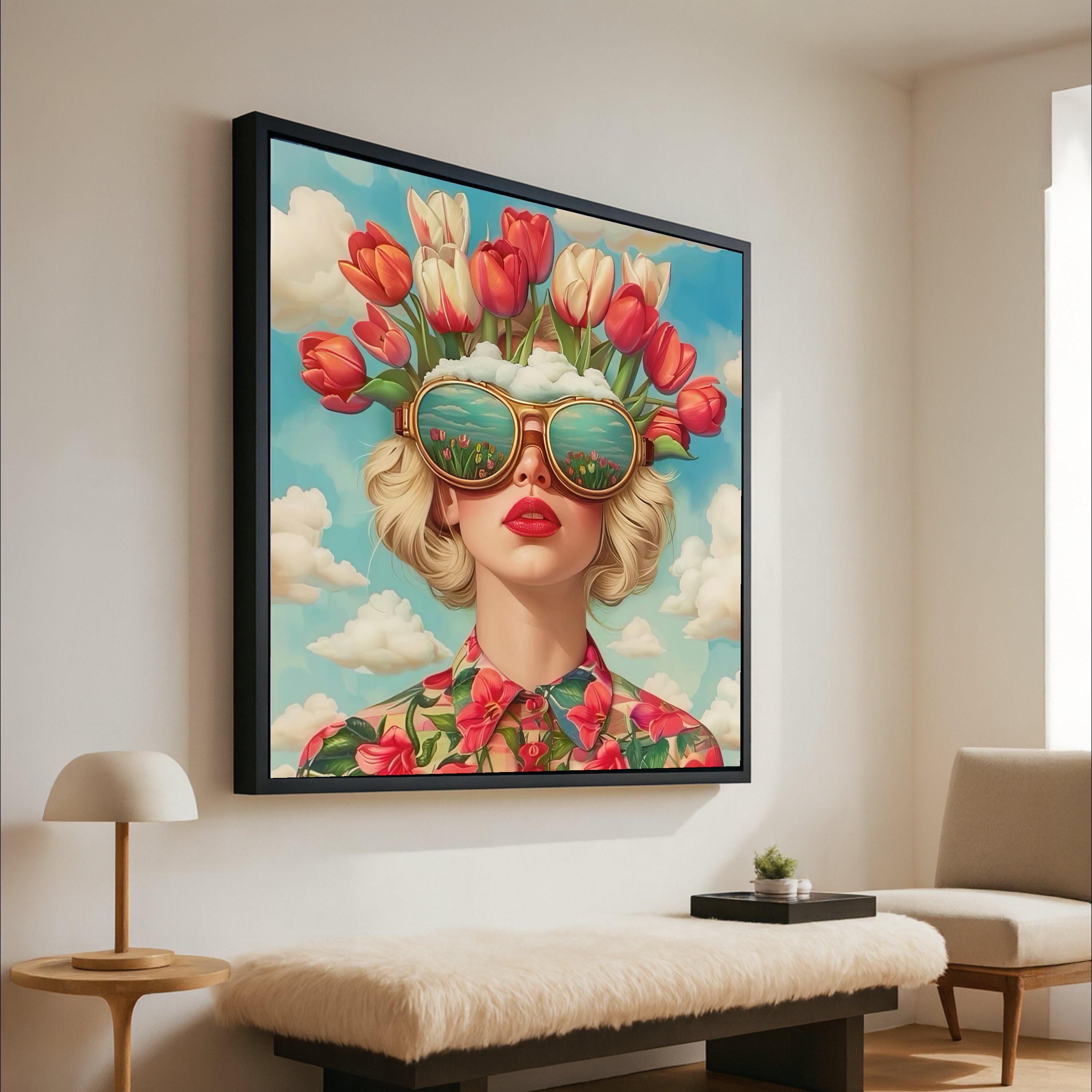 Modern Floral Portrait Canvas, Woman with Tulip Hat Wall Art, Surreal Garden Reflection Sunglasses, Vibrant Spring Flower Ready To Hang,