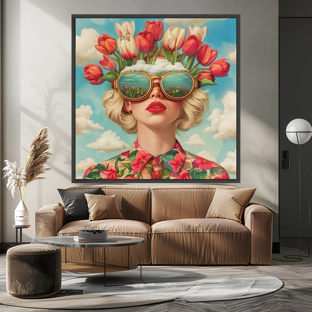 Modern Floral Portrait Canvas, Woman with Tulip Hat Wall Art, Surreal Garden Reflection Sunglasses, Vibrant Spring Flower Ready To Hang,