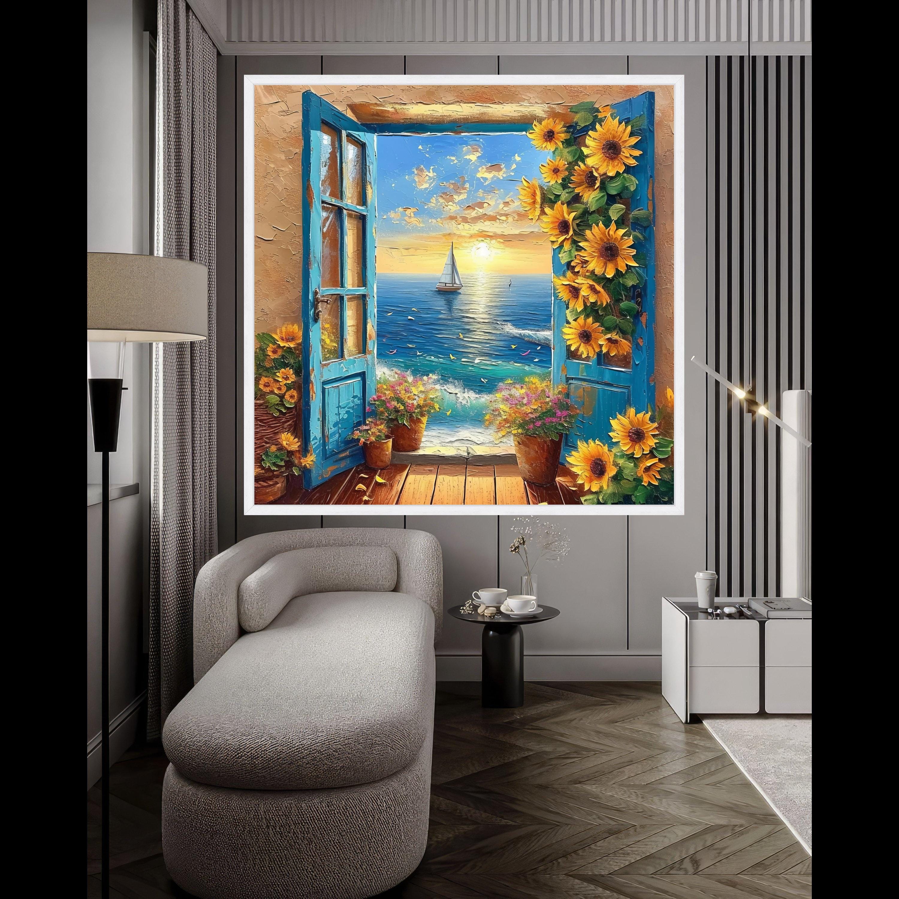 Ocean Sunset View, Blue Window Canvas, Sunflower Wall Art, Sea Landscape Canvas, Floral Home Decor, Coastal Canvas Painting Ready To Hang,
