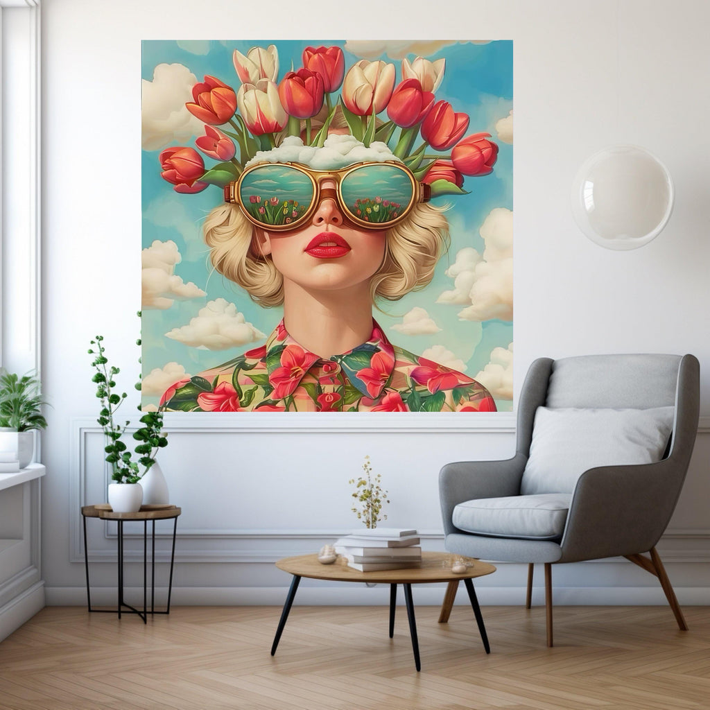 Modern Floral Portrait Canvas, Woman with Tulip Hat Wall Art, Surreal Garden Reflection Sunglasses, Vibrant Spring Flower Ready To Hang,