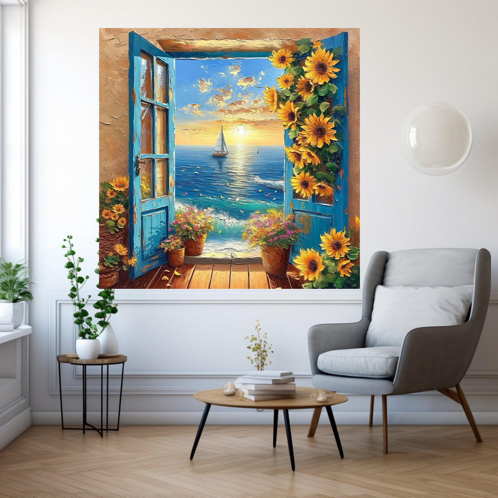 Ocean Sunset View, Blue Window Canvas, Sunflower Wall Art, Sea Landscape Canvas, Floral Home Decor, Coastal Canvas Painting Ready To Hang,