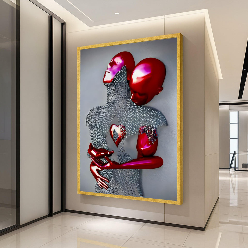 Abstract Red Figures Embrace Canvas, Modern Love Sculpture Wall Art, Heart Symbolism, Contemporary Home Decor, Surreal Couple Ready To Hang,