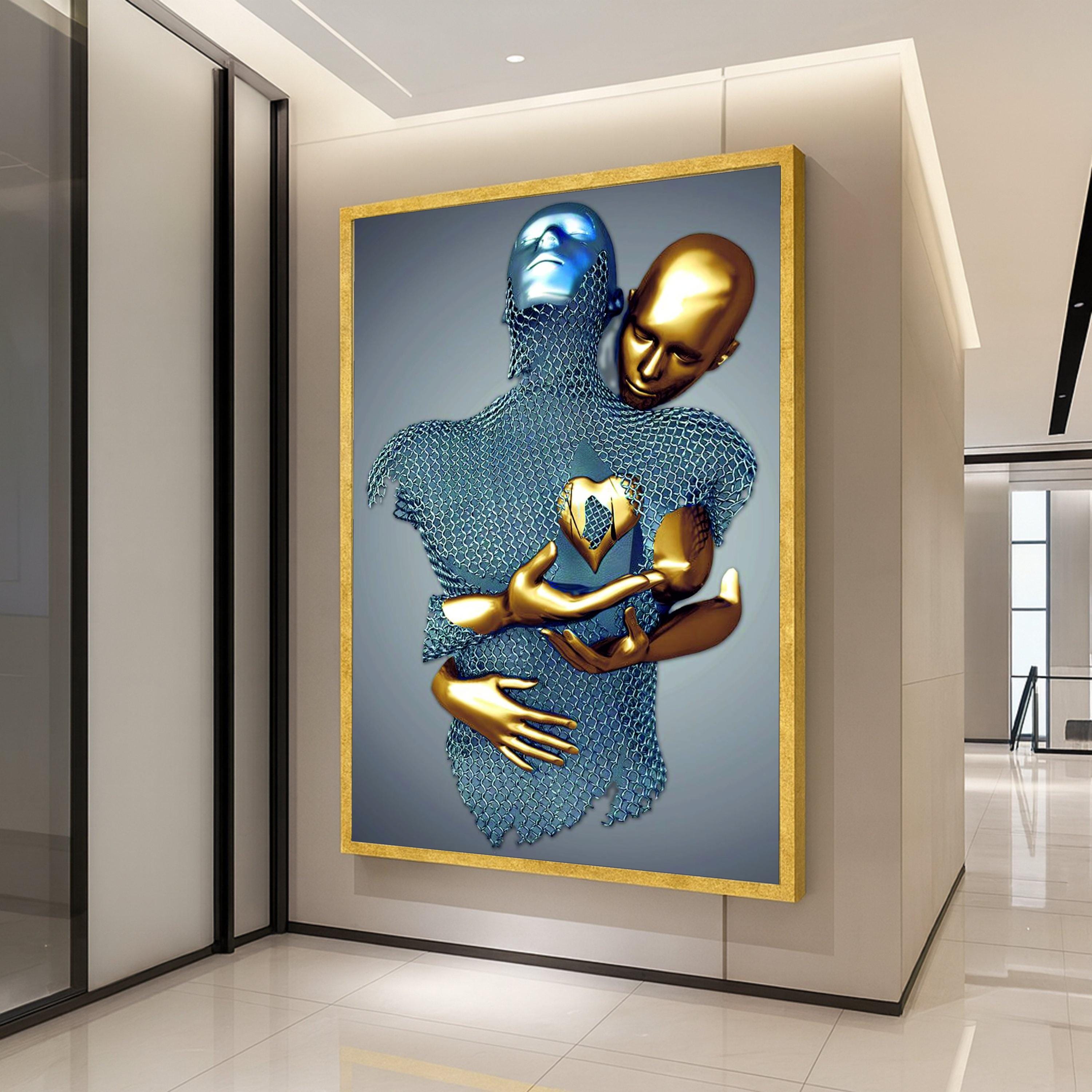 Abstract Embrace Metallic Figures Canvas, Golden and Silver Modern Art, Surreal Wall Decor, Contemporary Home Decoration, Ready To Hang,