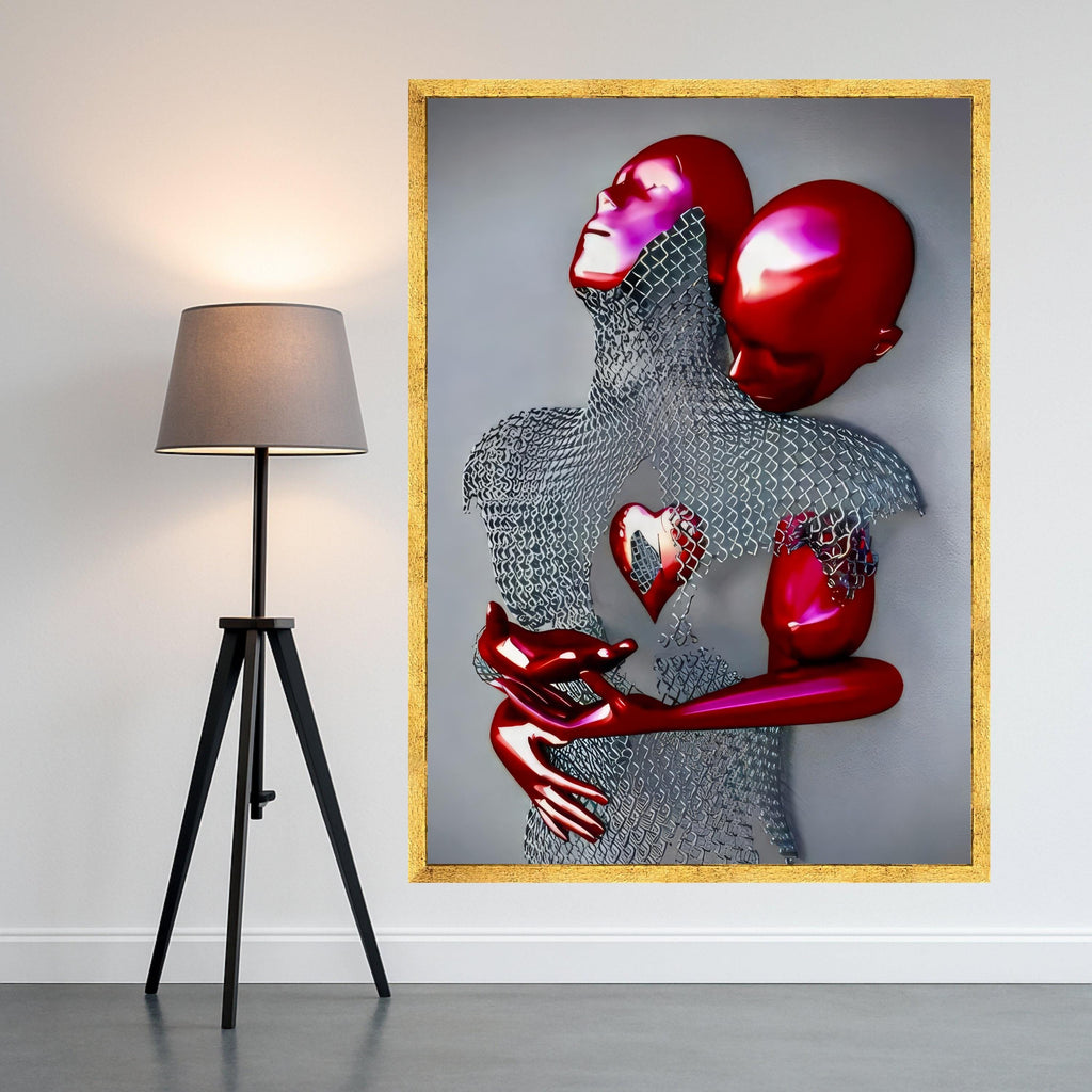 Abstract Red Figures Embrace Canvas, Modern Love Sculpture Wall Art, Heart Symbolism, Contemporary Home Decor, Surreal Couple Ready To Hang,