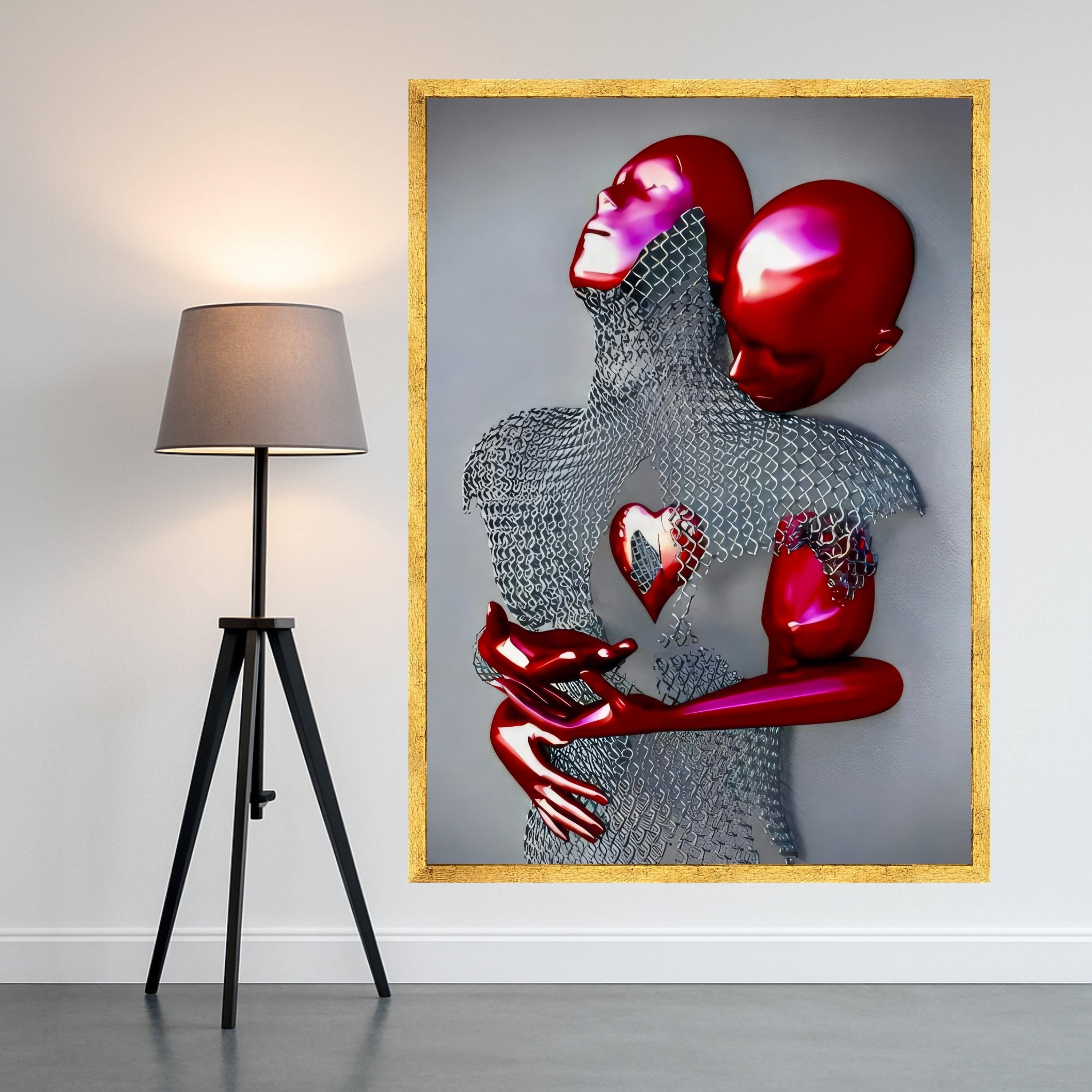 Abstract Red Figures Embrace Canvas, Modern Love Sculpture Wall Art, Heart Symbolism, Contemporary Home Decor, Surreal Couple Ready To Hang,