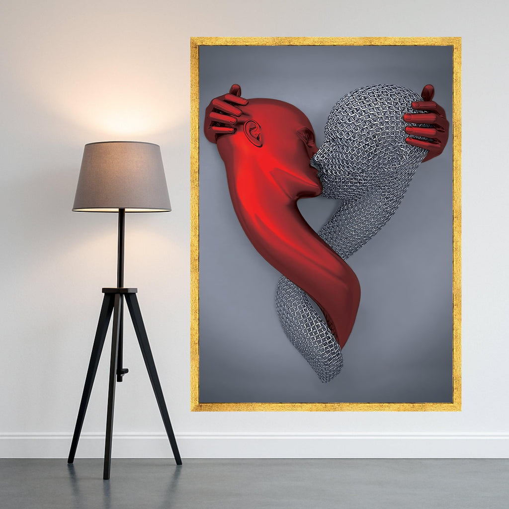 Abstract Embrace Canvas Wall Art, Red and Silver Figures, Modern Love Sculpture, Contemporary Digital Art, Romantic Home Ready To Hang,