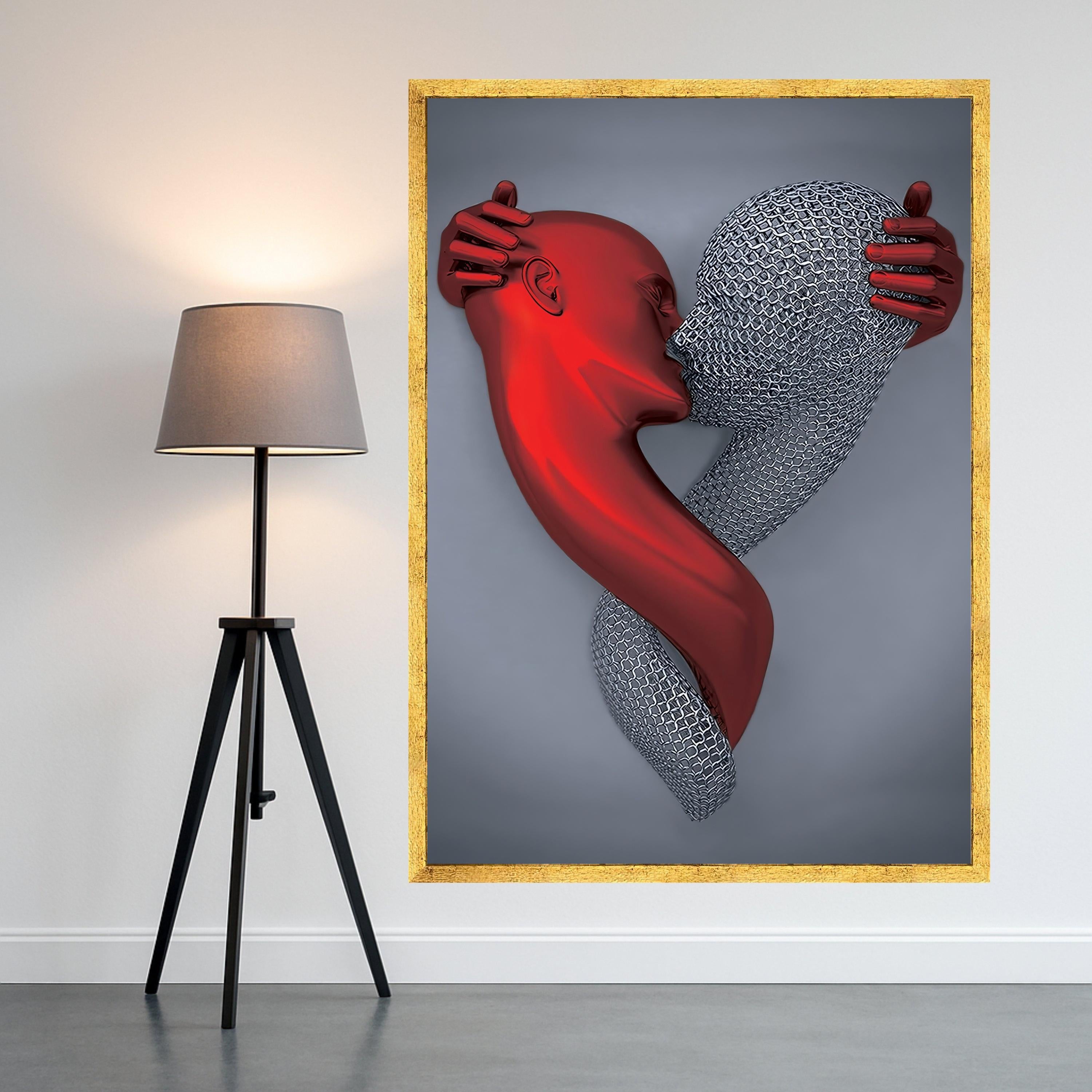 Abstract Embrace Canvas Wall Art, Red and Silver Figures, Modern Love Sculpture, Contemporary Digital Art, Romantic Home Ready To Hang,