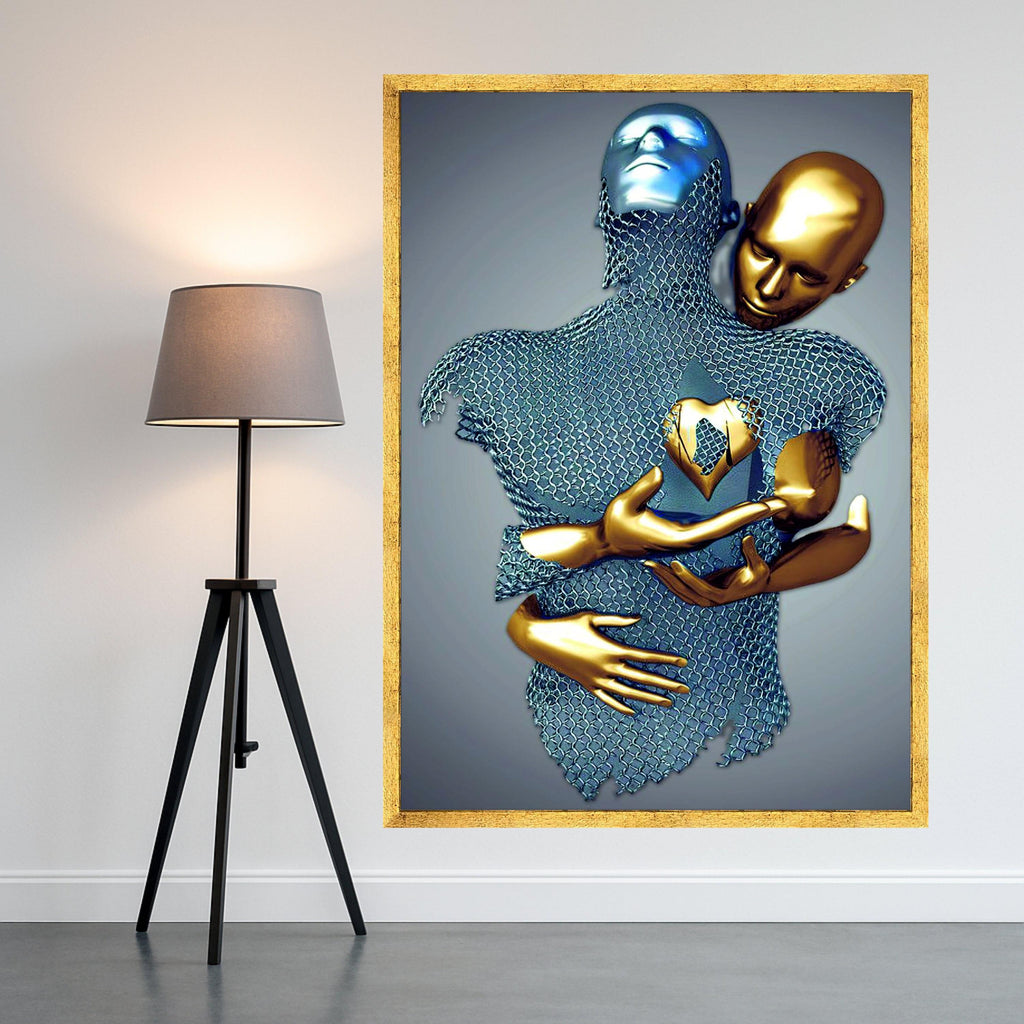Abstract Embrace Metallic Figures Canvas, Golden and Silver Modern Art, Surreal Wall Decor, Contemporary Home Decoration, Ready To Hang,