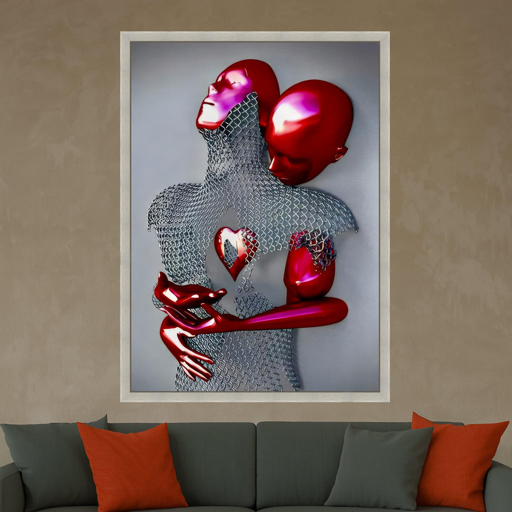 Abstract Red Figures Embrace Canvas, Modern Love Sculpture Wall Art, Heart Symbolism, Contemporary Home Decor, Surreal Couple Ready To Hang,