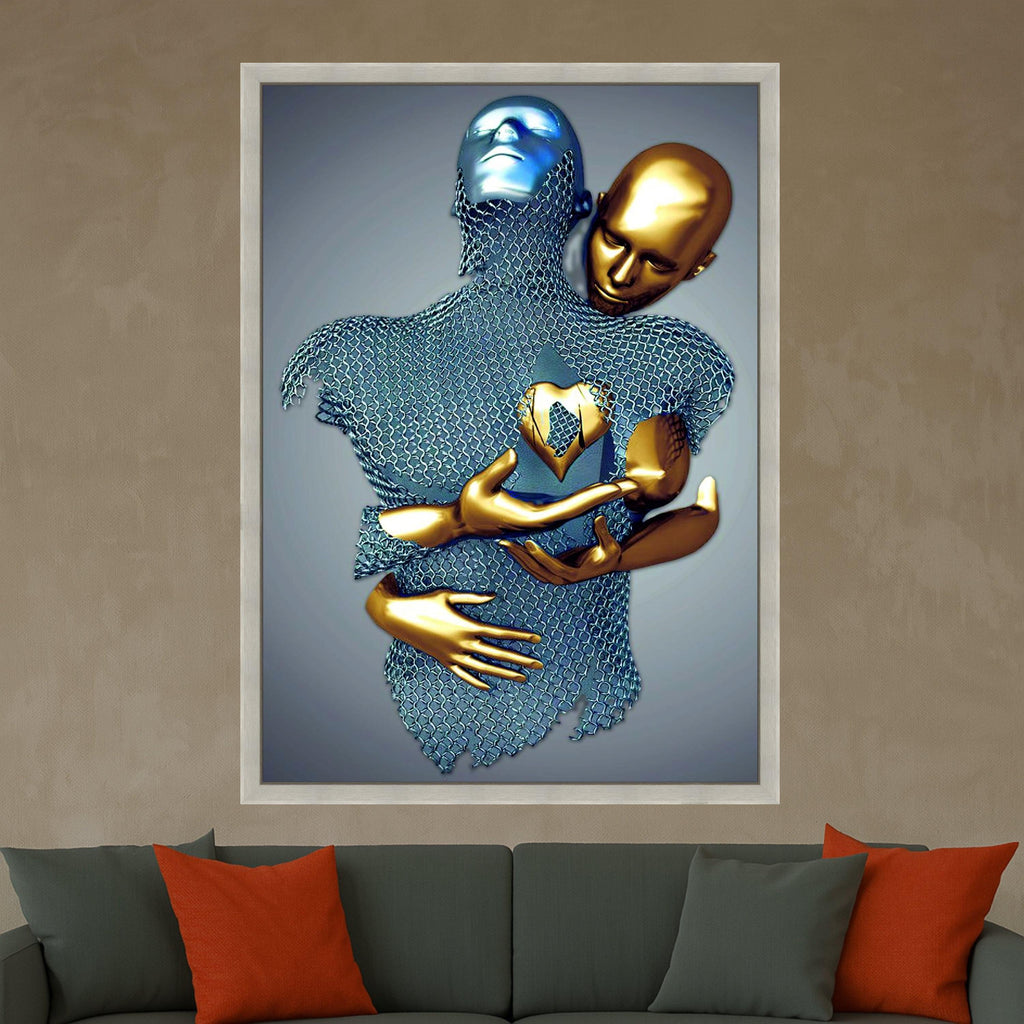 Abstract Embrace Metallic Figures Canvas, Golden and Silver Modern Art, Surreal Wall Decor, Contemporary Home Decoration, Ready To Hang,
