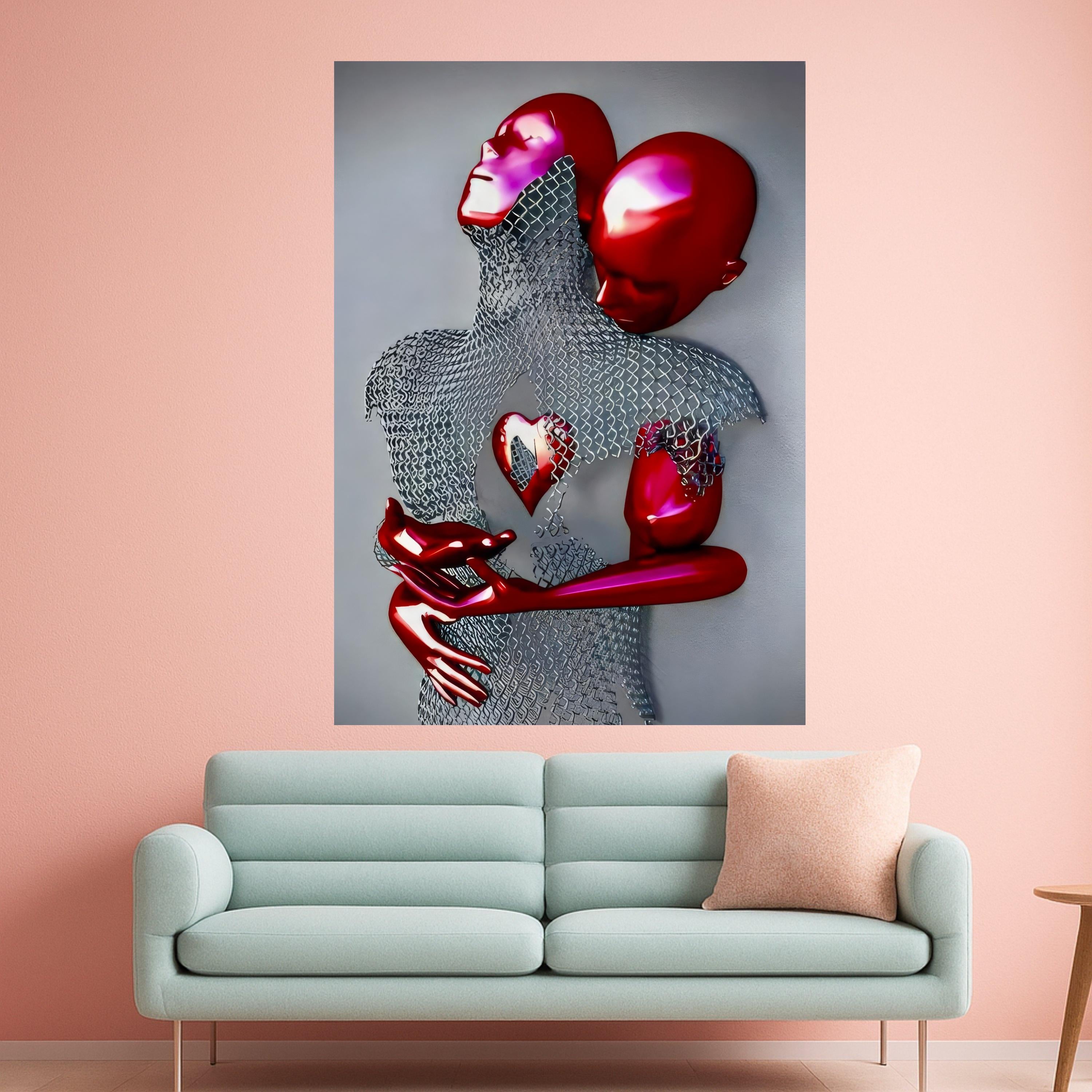 Abstract Red Figures Embrace Canvas, Modern Love Sculpture Wall Art, Heart Symbolism, Contemporary Home Decor, Surreal Couple Ready To Hang,