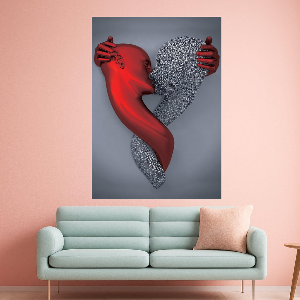 Abstract Embrace Canvas Wall Art, Red and Silver Figures, Modern Love Sculpture, Contemporary Digital Art, Romantic Home Ready To Hang,