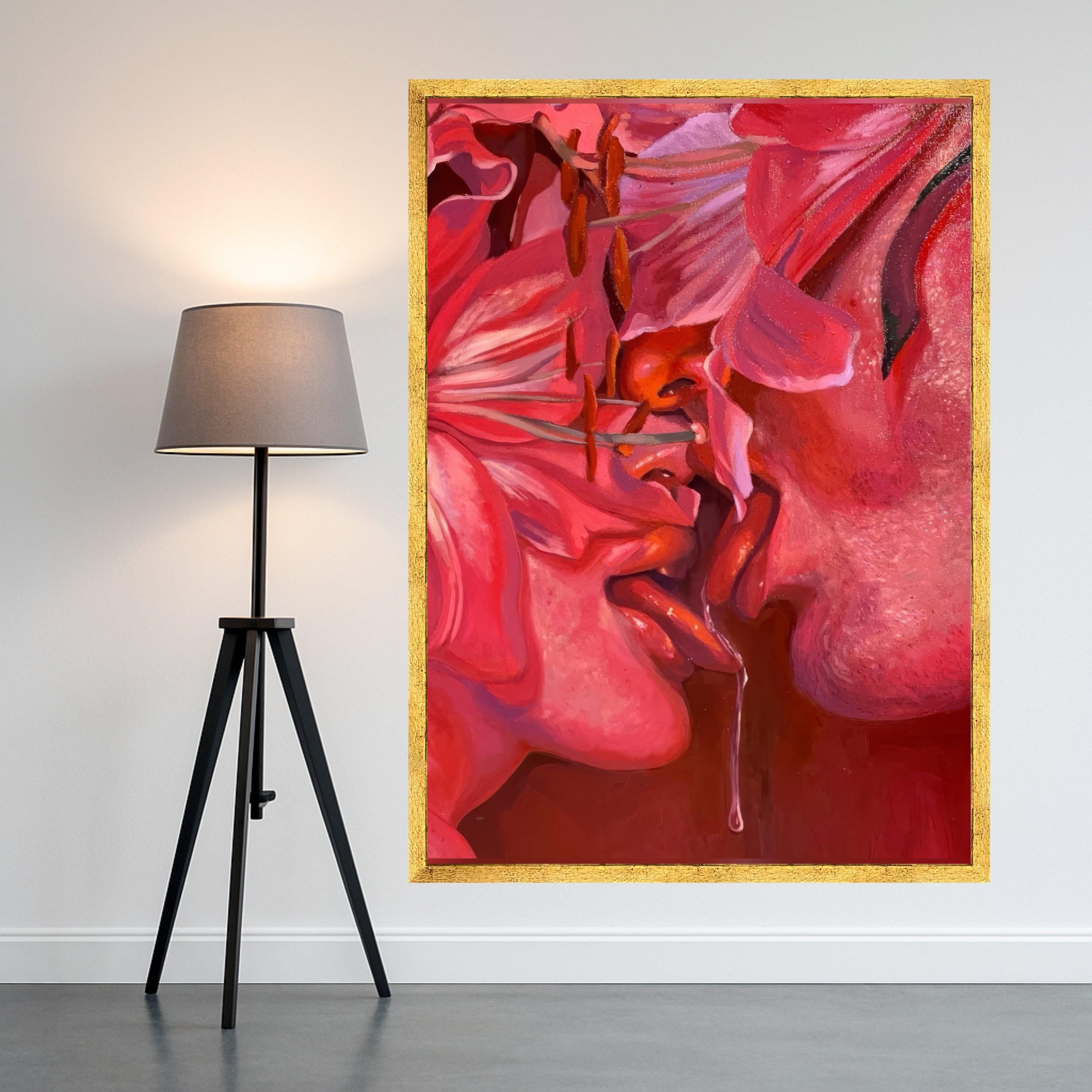 Sensual Red Floral Kiss Canvas, Intimate Love Art, Abstract Romance Painting, Modern Wall Decor, Passionate Expression Canvas Ready To Hang,