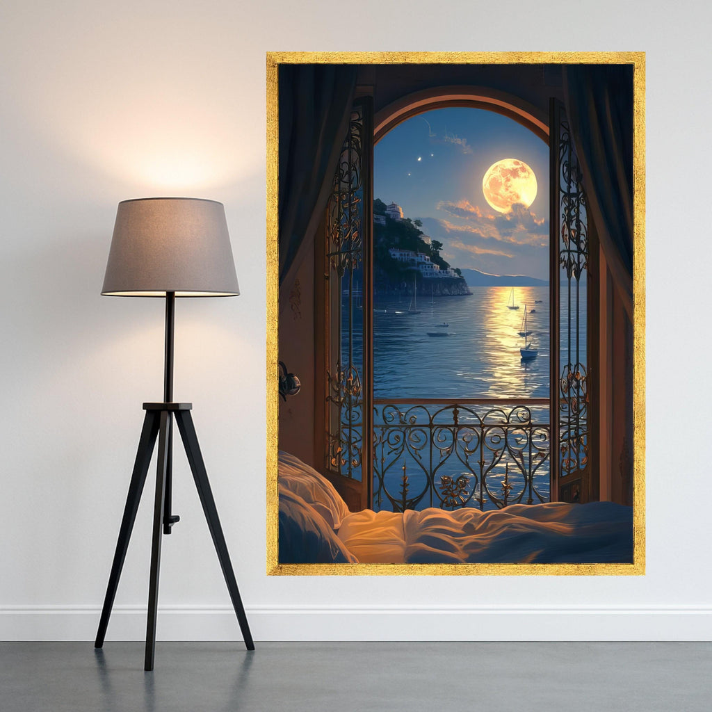 Moonlit Seaside Balcony View Canvas, Ocean Landscape Wall Art, Romantic Night Scene Canvas, Coastal Home Decoration, Tranquil Ready To Hang,