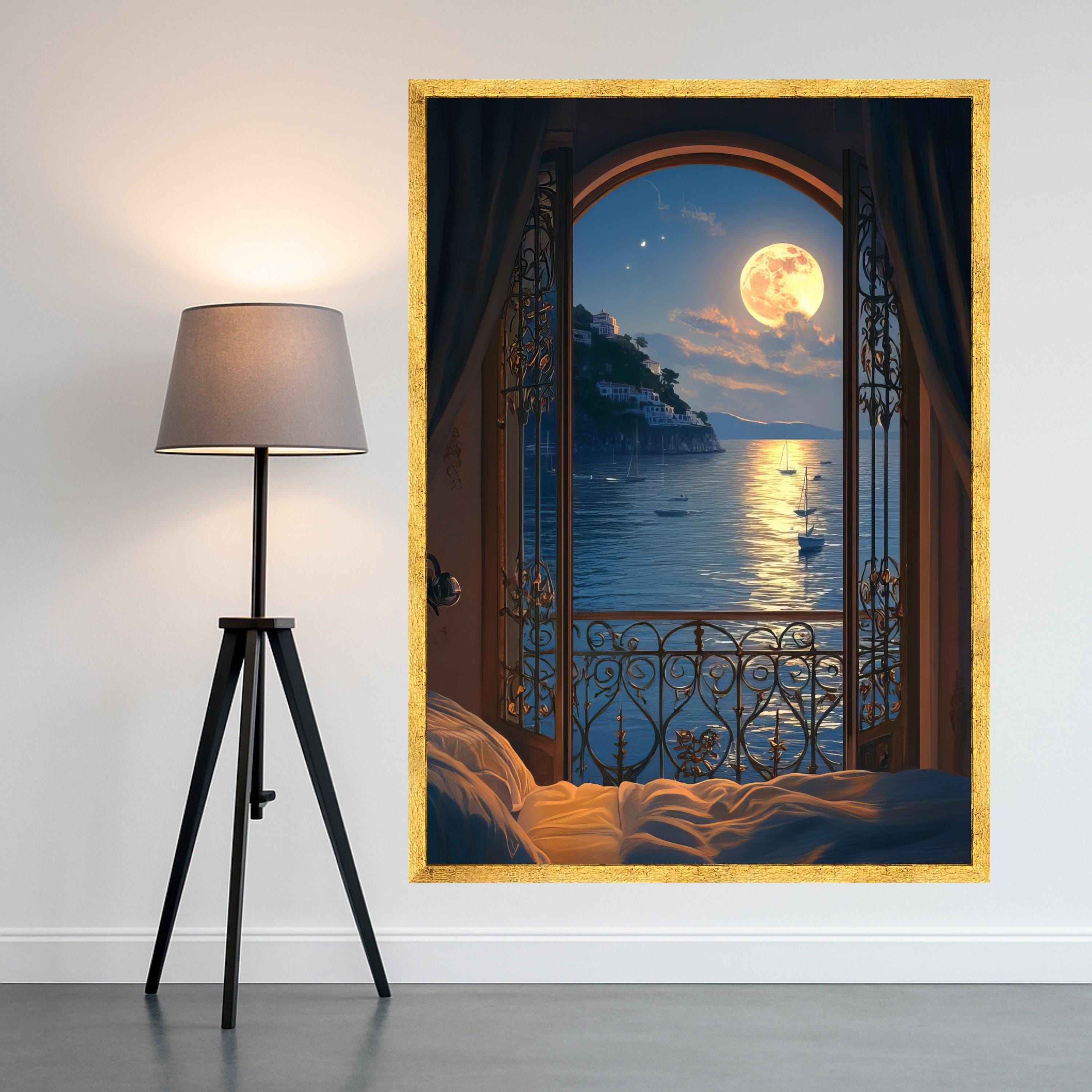 Moonlit Seaside Balcony View Canvas, Ocean Landscape Wall Art, Romantic Night Scene Canvas, Coastal Home Decoration, Tranquil Ready To Hang,