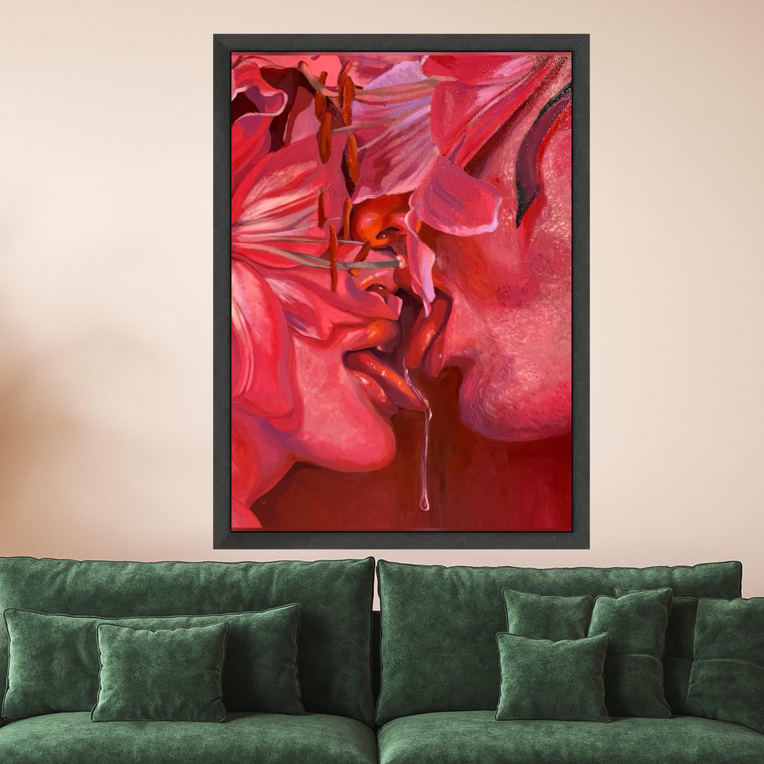 Sensual Red Floral Kiss Canvas, Intimate Love Art, Abstract Romance Painting, Modern Wall Decor, Passionate Expression Canvas Ready To Hang,