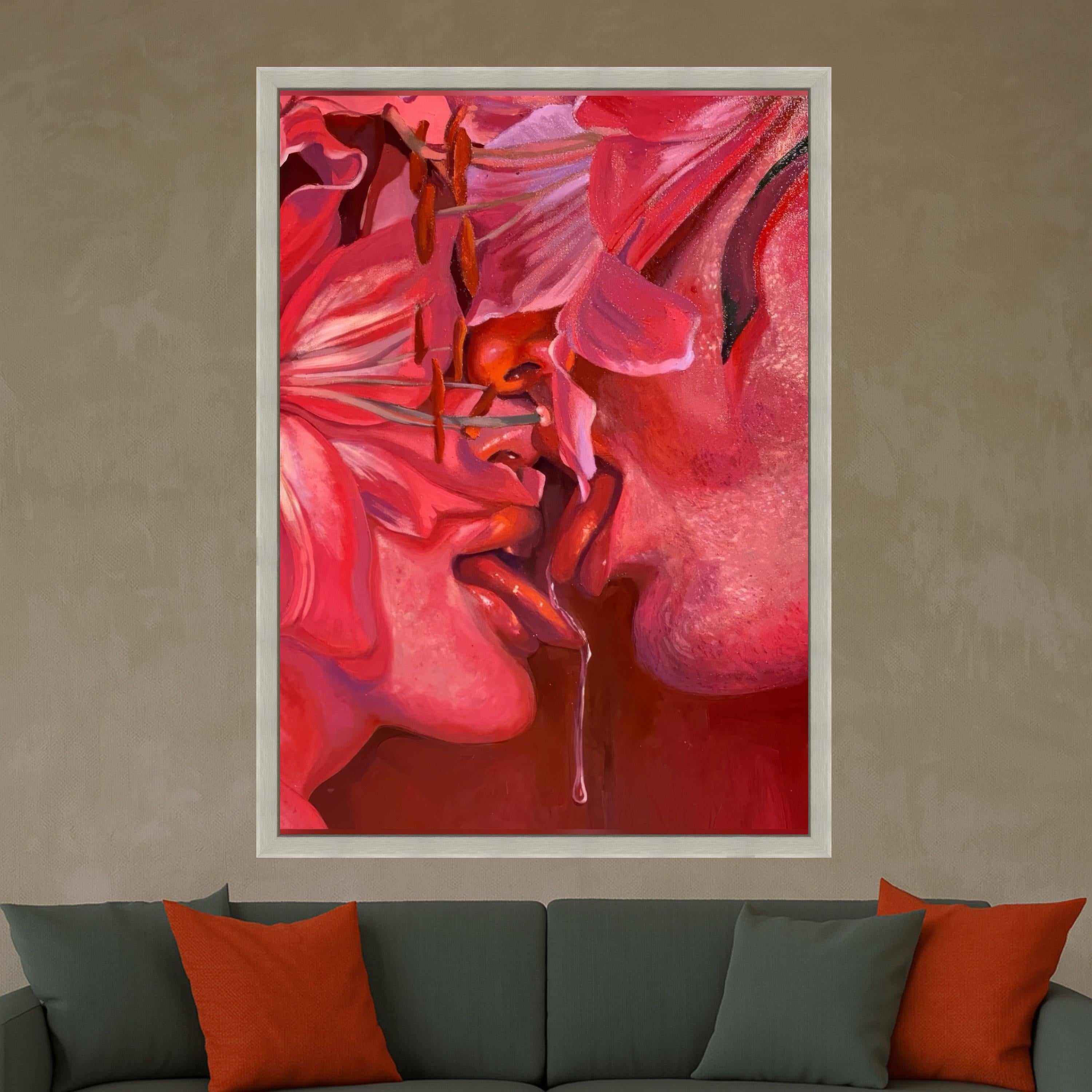 Sensual Red Floral Kiss Canvas, Intimate Love Art, Abstract Romance Painting, Modern Wall Decor, Passionate Expression Canvas Ready To Hang,