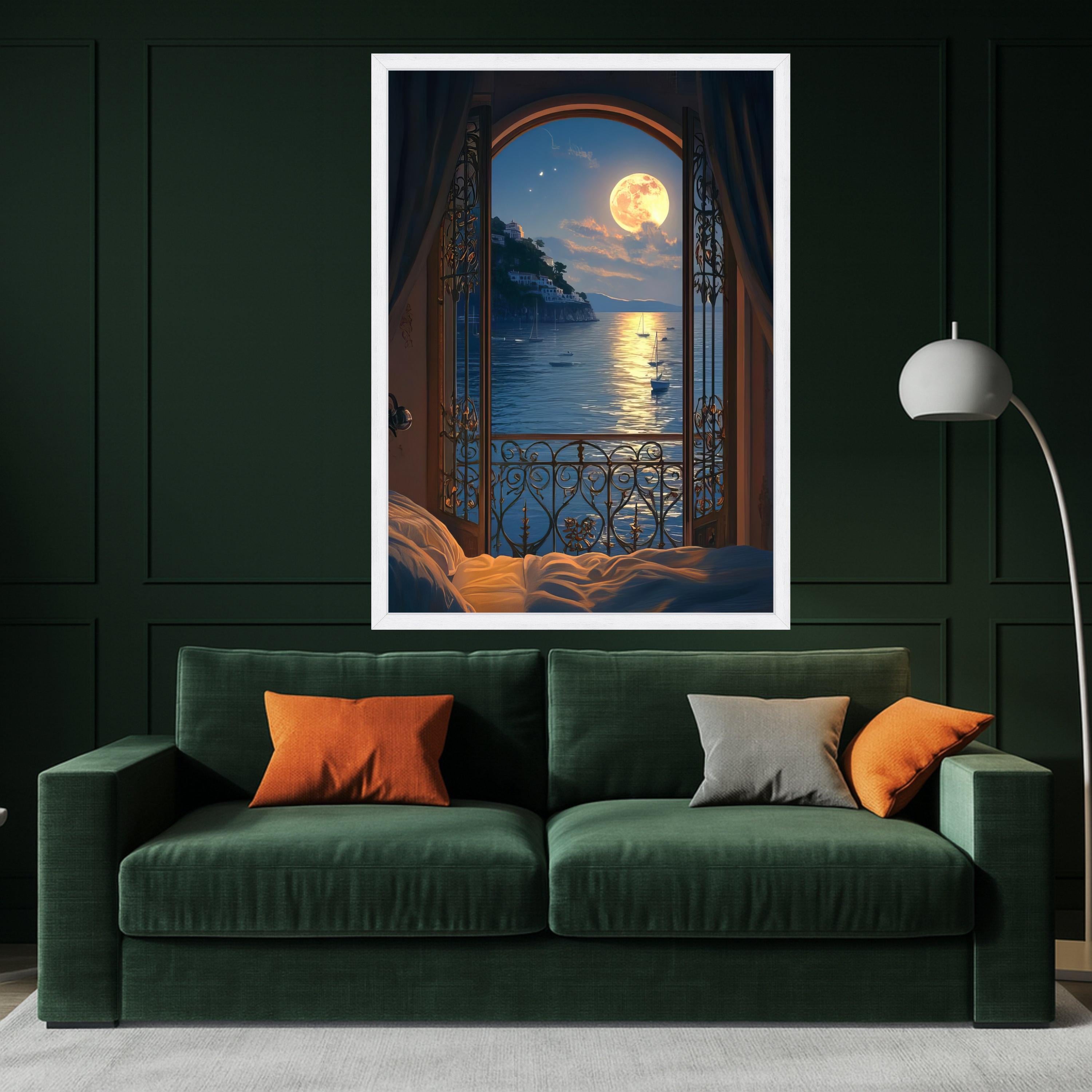Moonlit Seaside Balcony View Canvas, Ocean Landscape Wall Art, Romantic Night Scene Canvas, Coastal Home Decoration, Tranquil Ready To Hang,