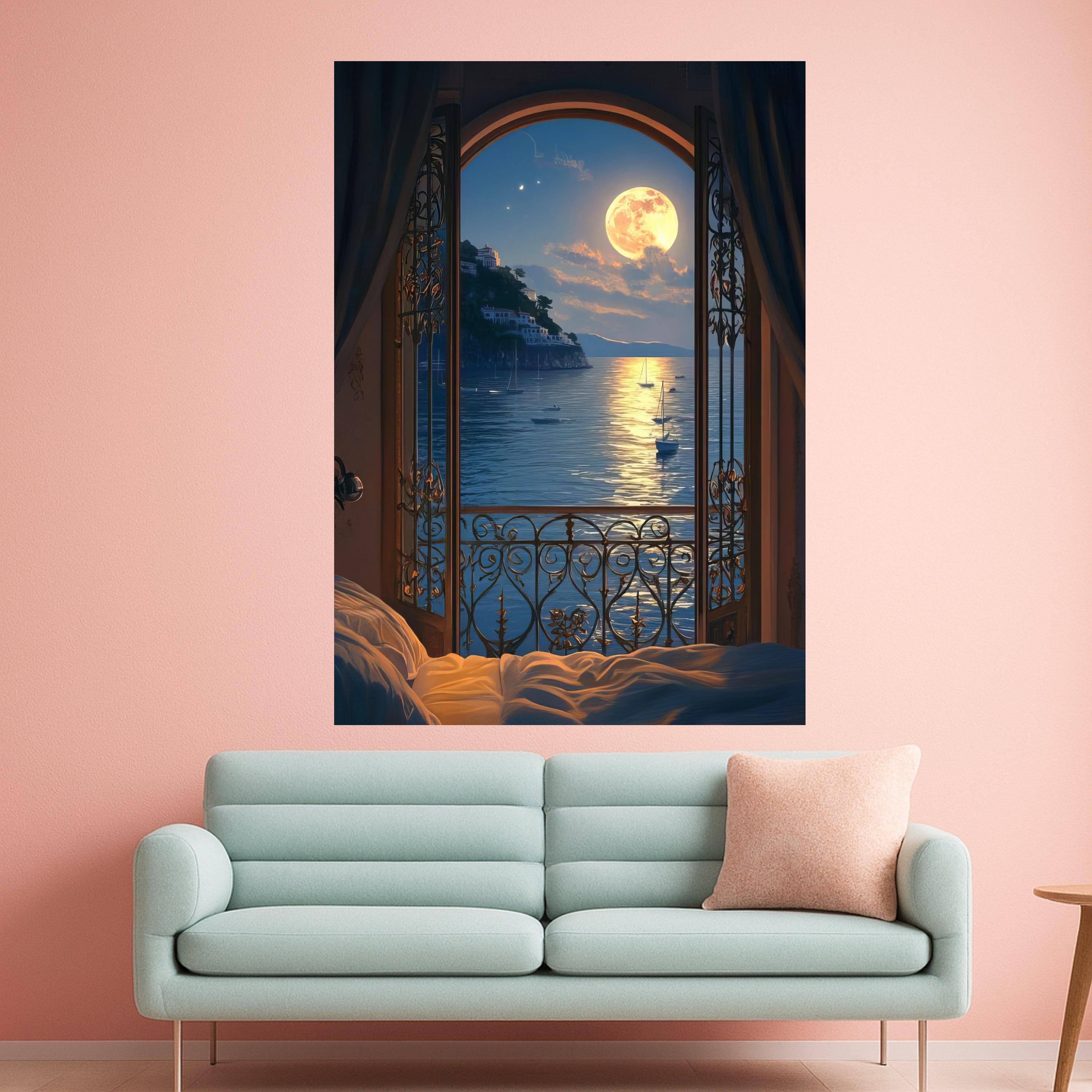Moonlit Seaside Balcony View Canvas, Ocean Landscape Wall Art, Romantic Night Scene Canvas, Coastal Home Decoration, Tranquil Ready To Hang,