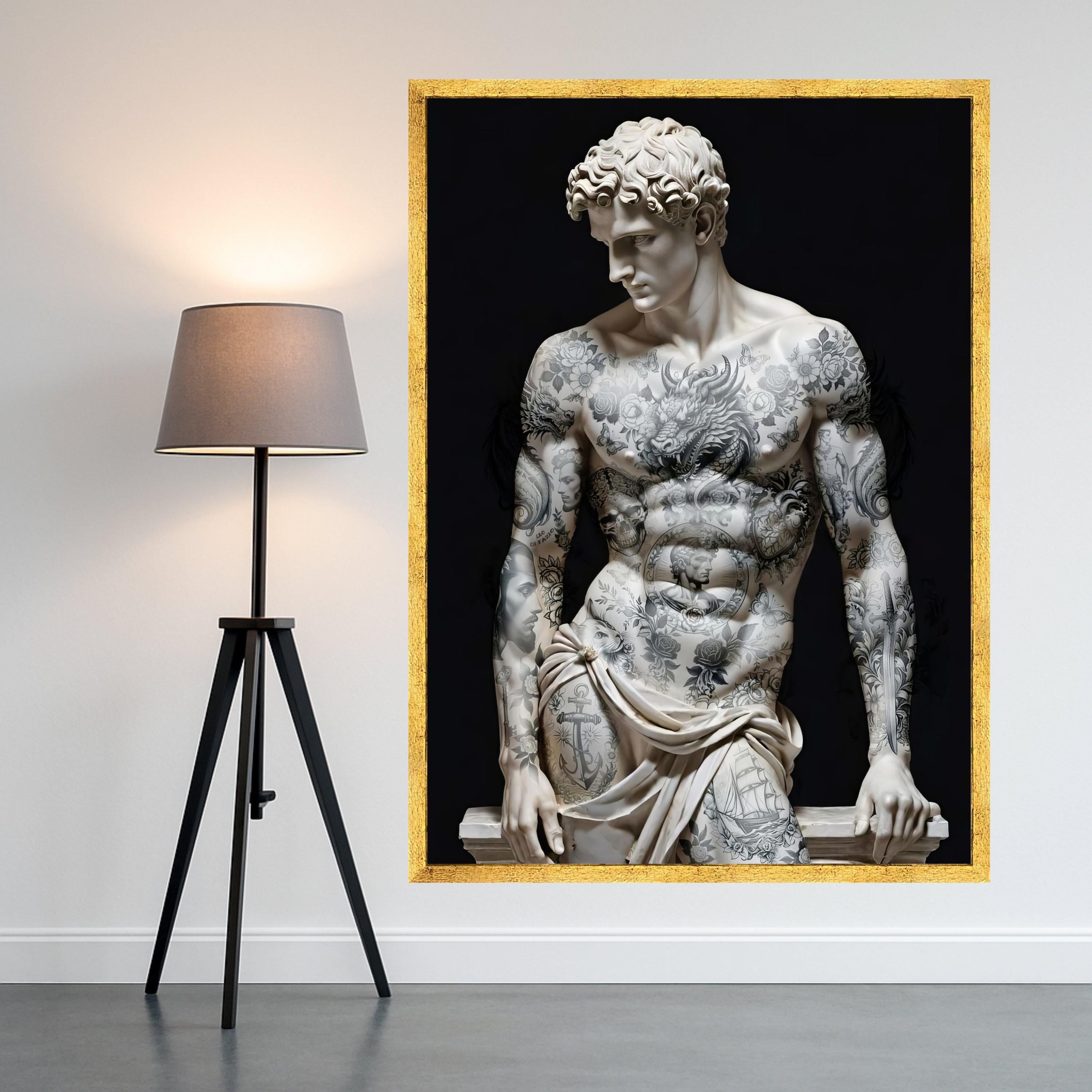 Modern Tattooed David Sculpture Canvas, Classic Art with Inked Body, Renaissance Statue Wall Art, Contemporary Home Decor, Ready To Hang,