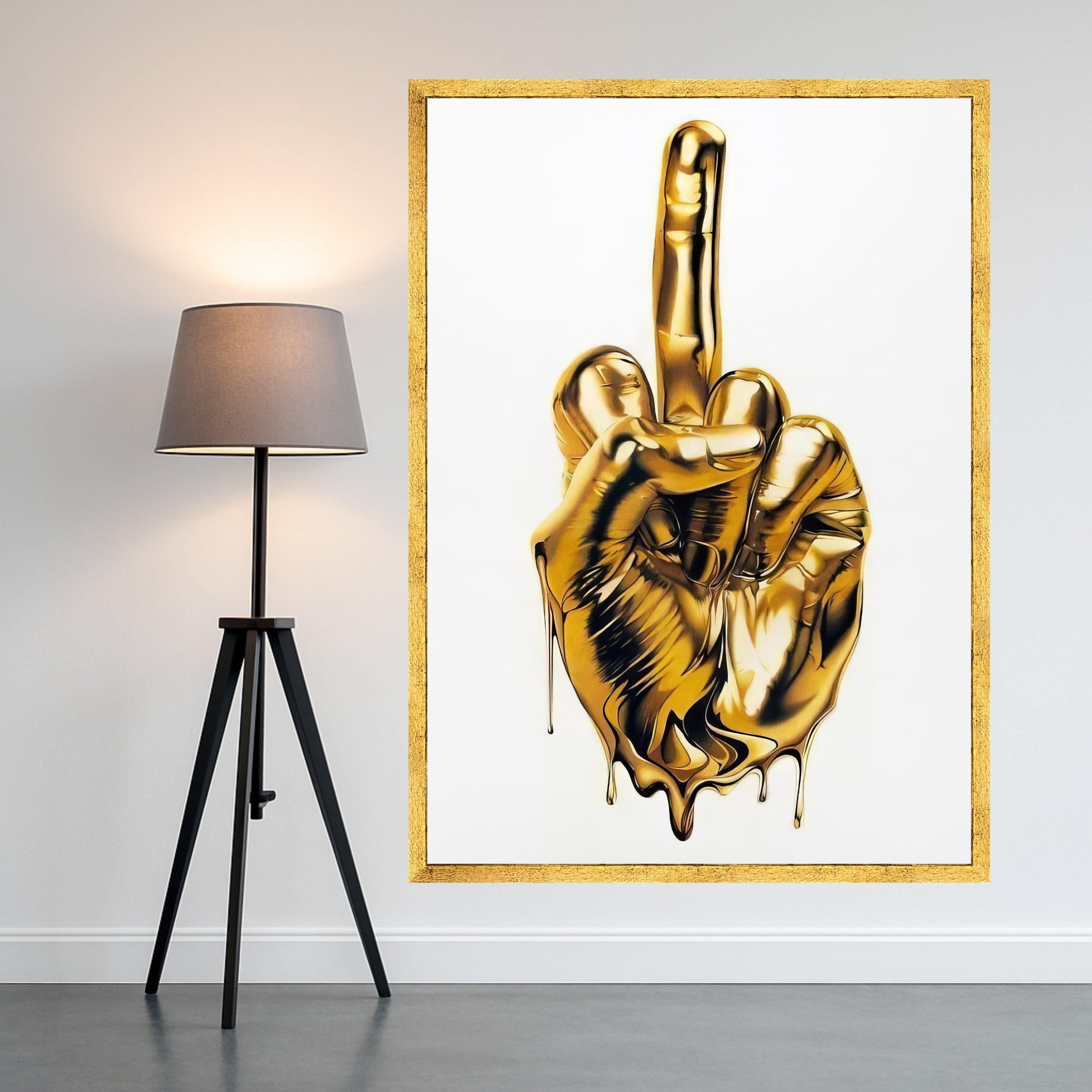 Melting Gold Hand Gesture Canvas, Modern Statement Wall Art, Bold Metallic Middle Finger Art, Contemporary Home Decor, Unique Ready To Hang,