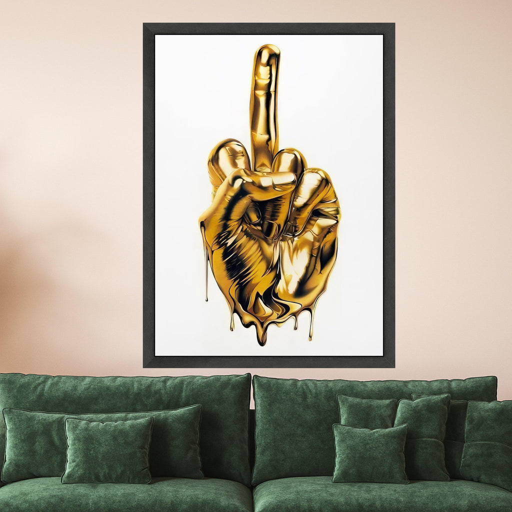 Melting Gold Hand Gesture Canvas, Modern Statement Wall Art, Bold Metallic Middle Finger Art, Contemporary Home Decor, Unique Ready To Hang,