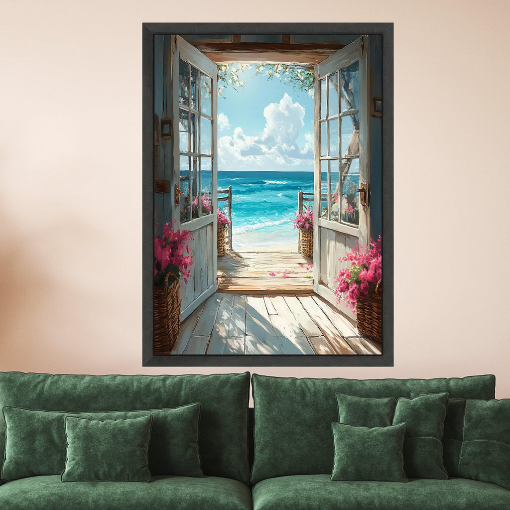 Open Beachfront Doorway Canvas, Seaside View Wall Art, Coastal Home Decor, Ocean Landscape Canvas, Floral Basket Decoration Ready To Hang,