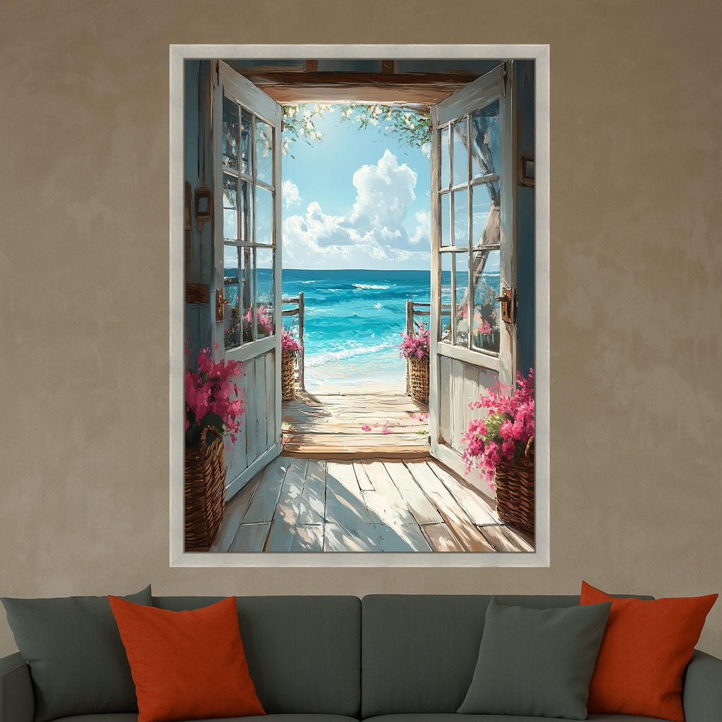 Open Beachfront Doorway Canvas, Seaside View Wall Art, Coastal Home Decor, Ocean Landscape Canvas, Floral Basket Decoration Ready To Hang,
