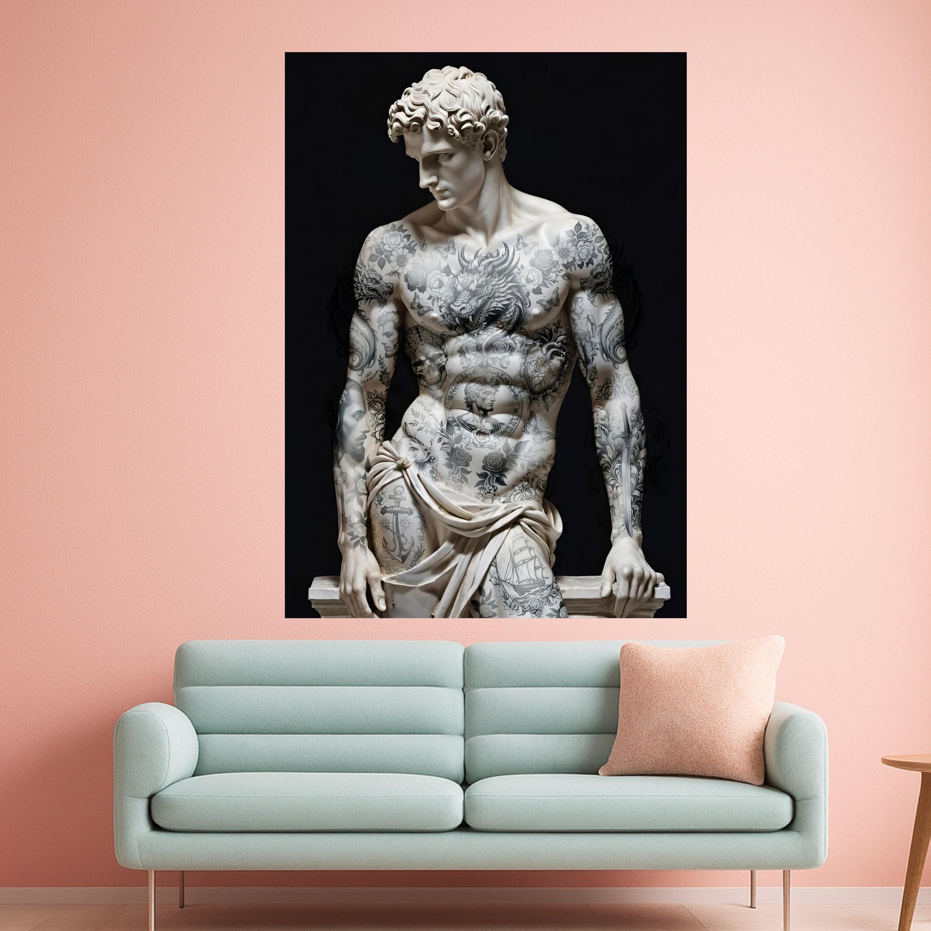 Modern Tattooed David Sculpture Canvas, Classic Art with Inked Body, Renaissance Statue Wall Art, Contemporary Home Decor, Ready To Hang,