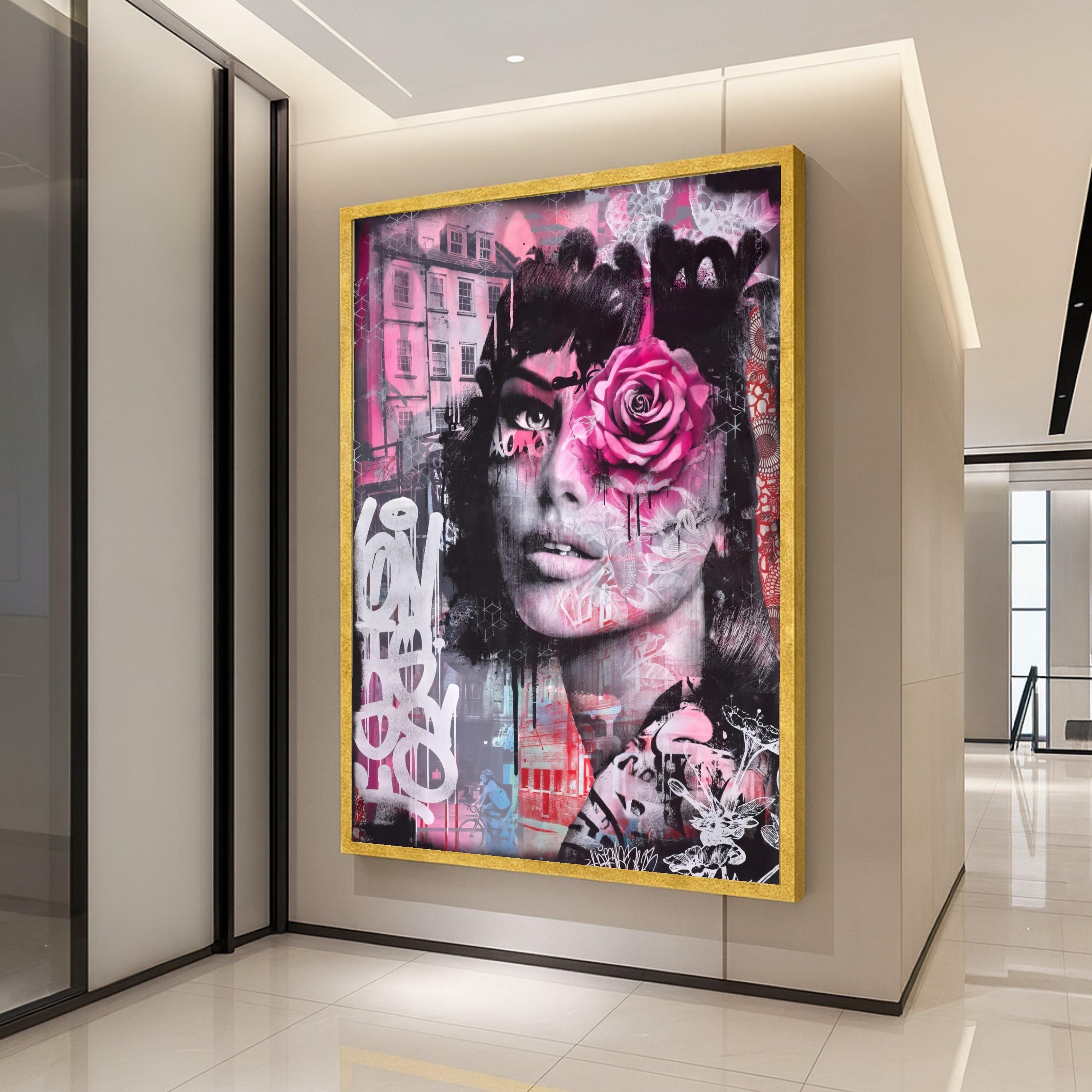 Urban Rose Woman Portrait Canvas, Street Art Mixed Media Wall Art, Pink Floral Face Graffiti Canvas, Contemporary Urban Home Ready To Hang,