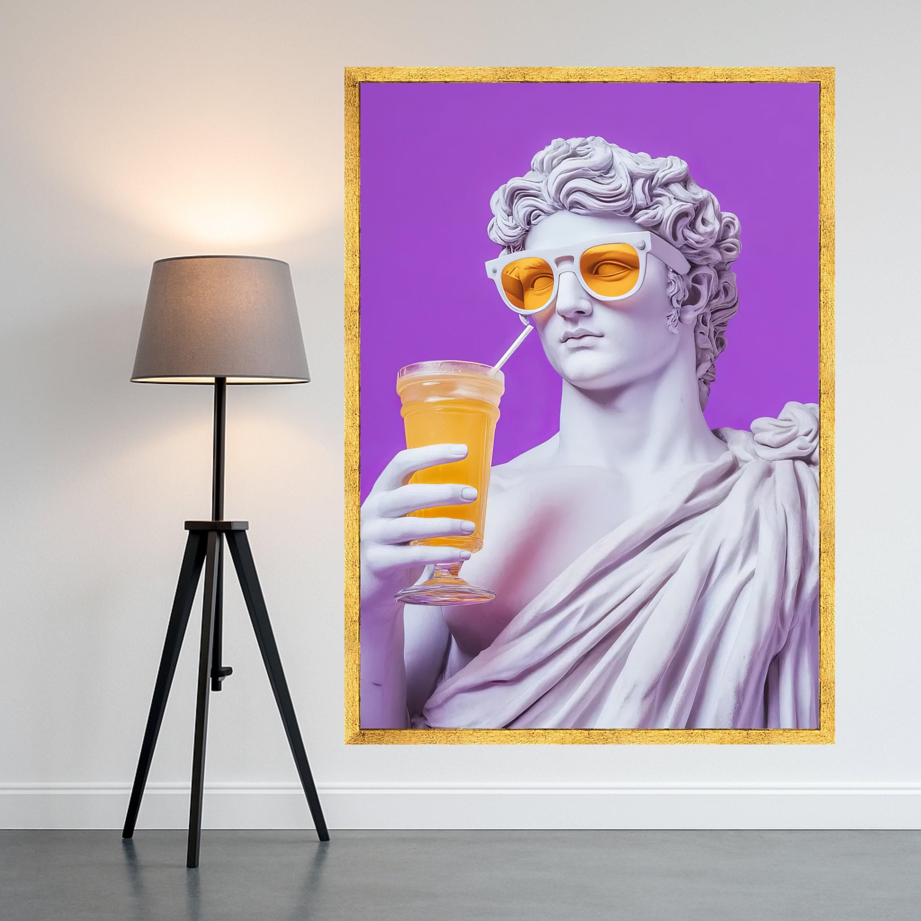 Modern Classical Sculpture Canvas, Retro Statue with Sunglasses, Purple Background Wall Art, Pop Art Home Decor, Unique Ready To Hang,