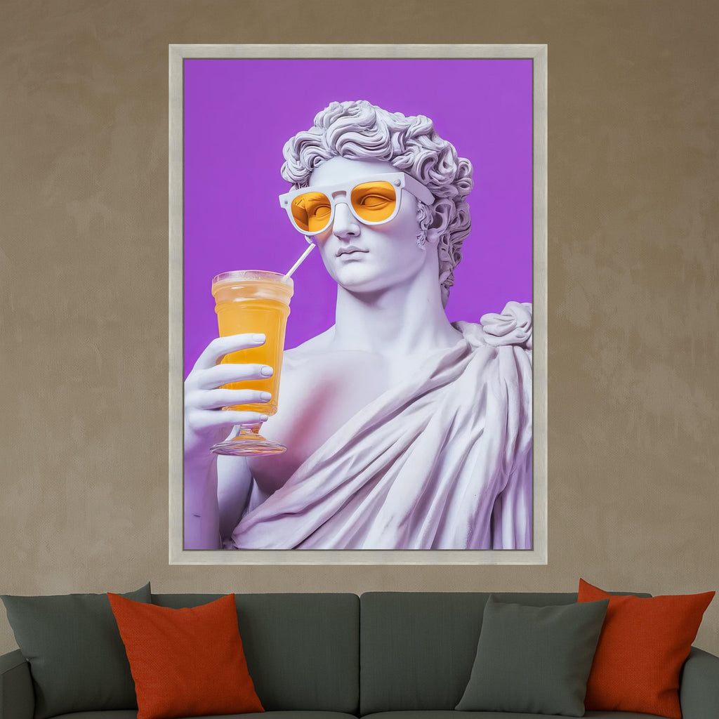 Modern Classical Sculpture Canvas, Retro Statue with Sunglasses, Purple Background Wall Art, Pop Art Home Decor, Unique Ready To Hang,