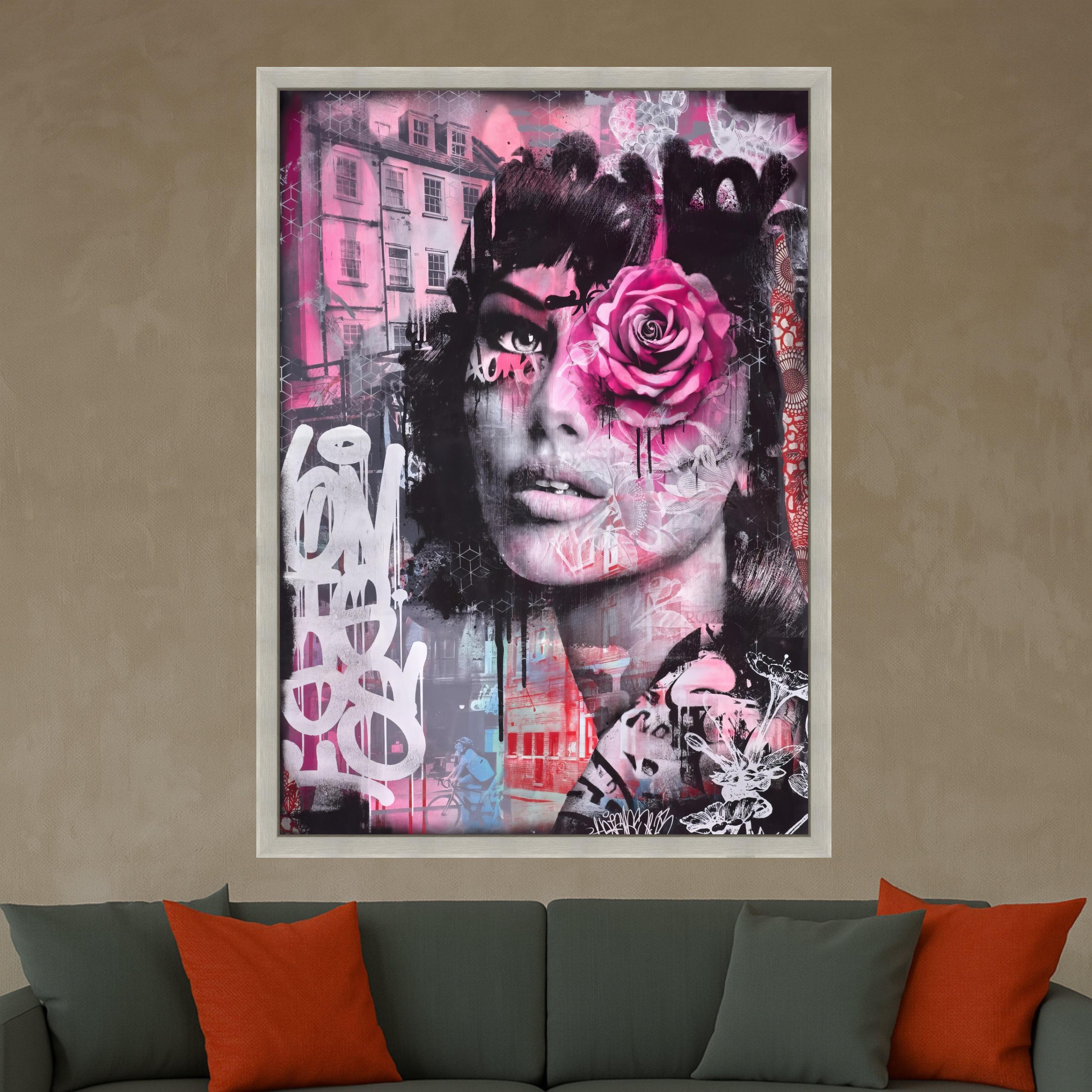 Urban Rose Woman Portrait Canvas, Street Art Mixed Media Wall Art, Pink Floral Face Graffiti Canvas, Contemporary Urban Home Ready To Hang,