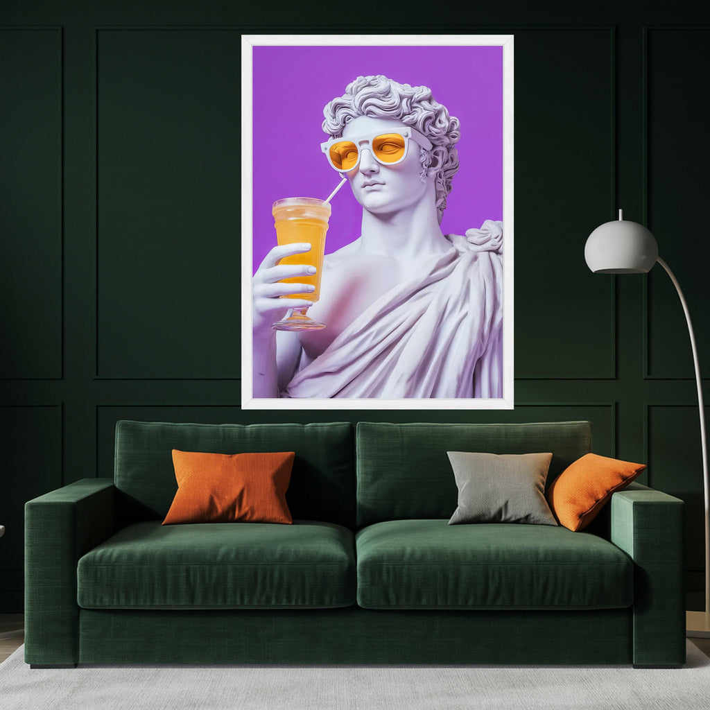Modern Classical Sculpture Canvas, Retro Statue with Sunglasses, Purple Background Wall Art, Pop Art Home Decor, Unique Ready To Hang,